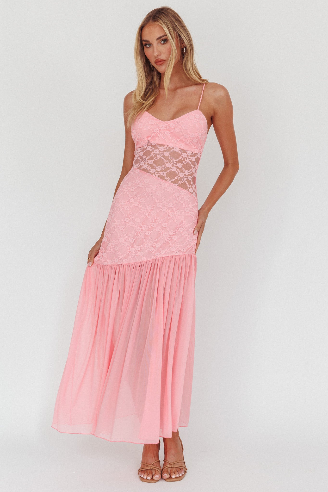 Kinley Sheer Hem Lace Maxi Dress Pink-Maymioy