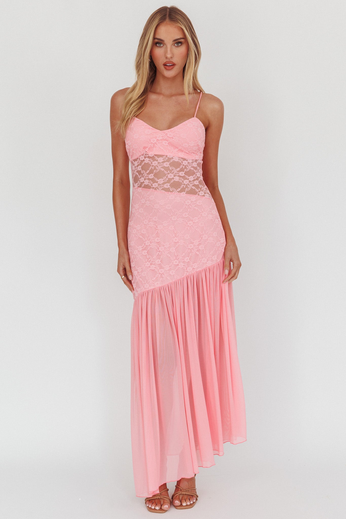 Kinley Sheer Hem Lace Maxi Dress Pink-Maymioy