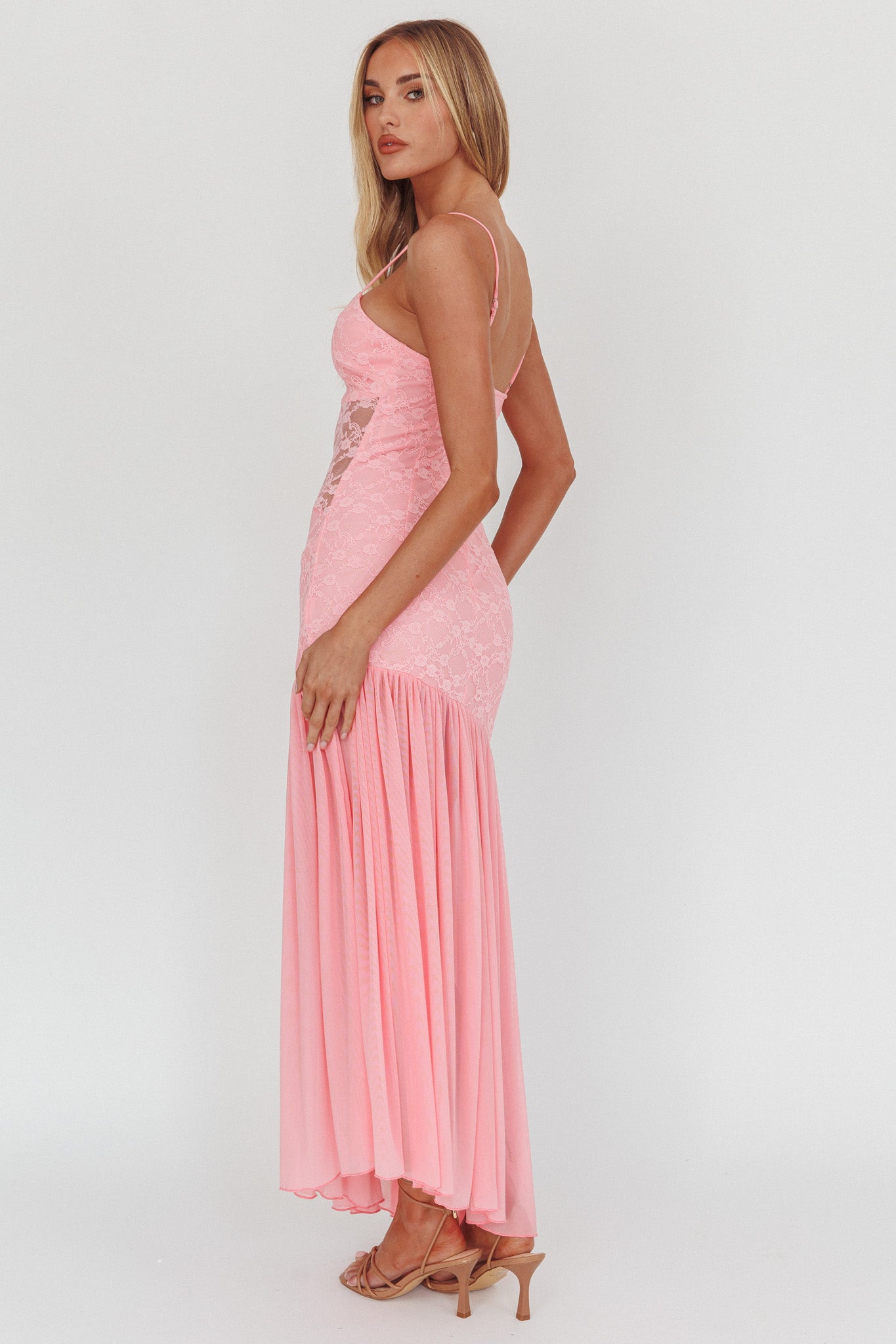 Kinley Sheer Hem Lace Maxi Dress Pink-Maymioy