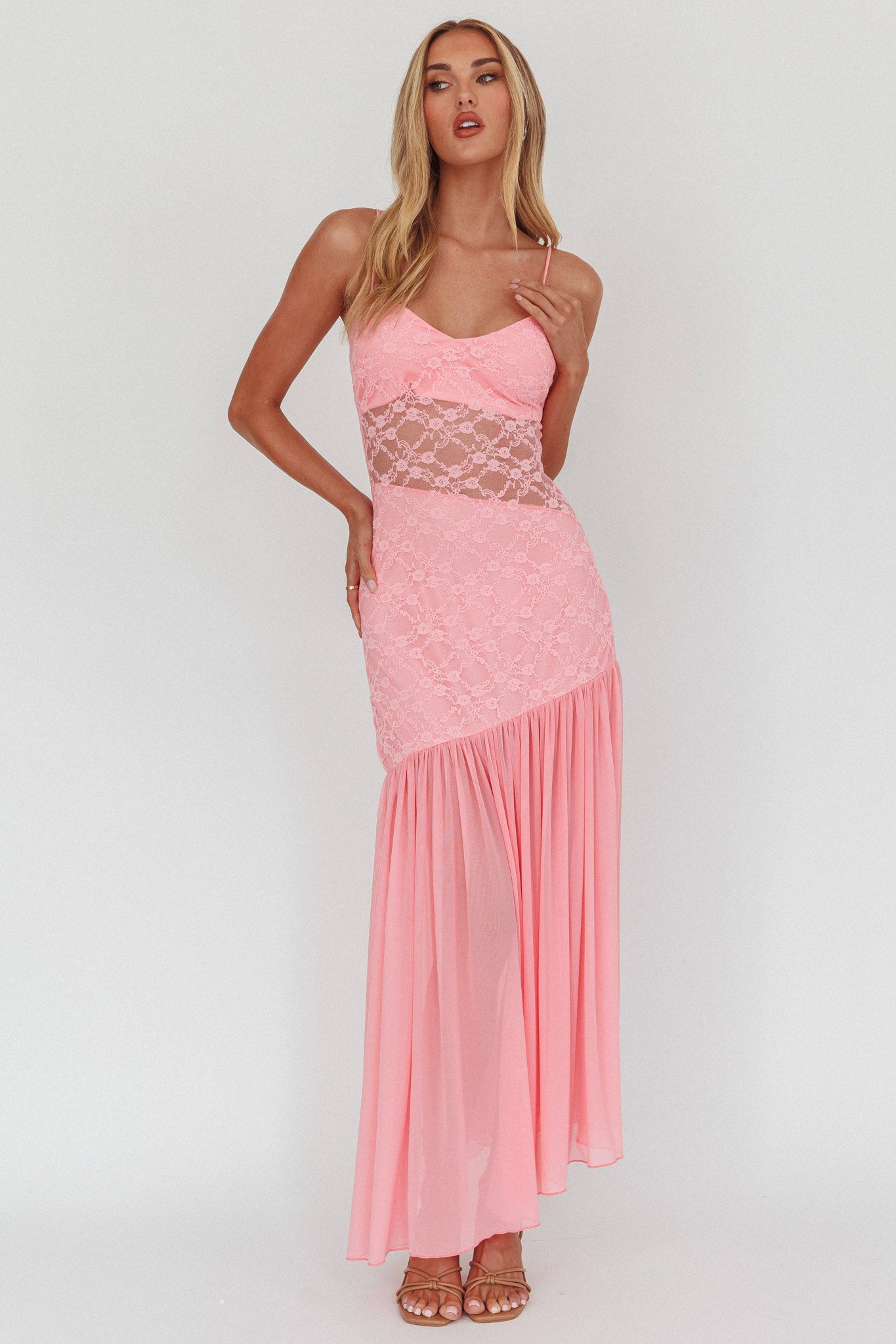 Kinley Sheer Hem Lace Maxi Dress Pink-Maymioy