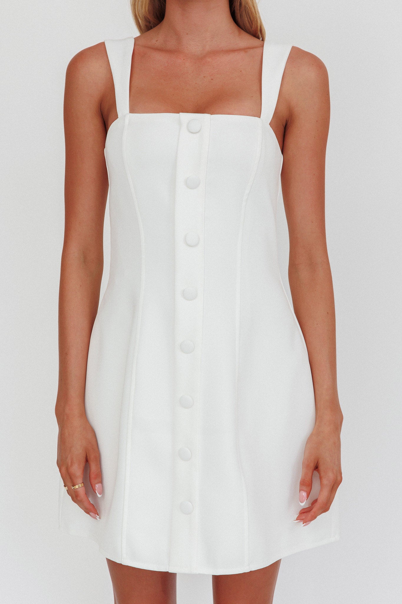 Stealing Sunshine Faux Button Front Mini Dress White-Maymioy