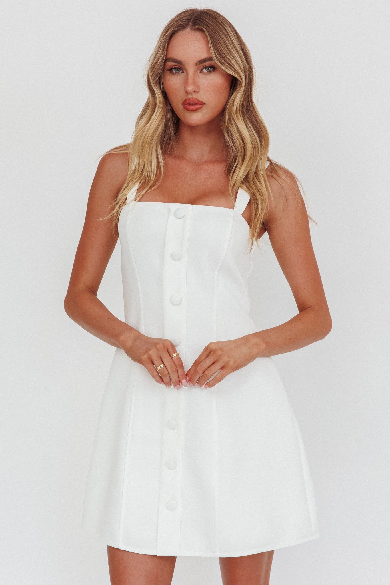 Stealing Sunshine Faux Button Front Mini Dress White-Maymioy