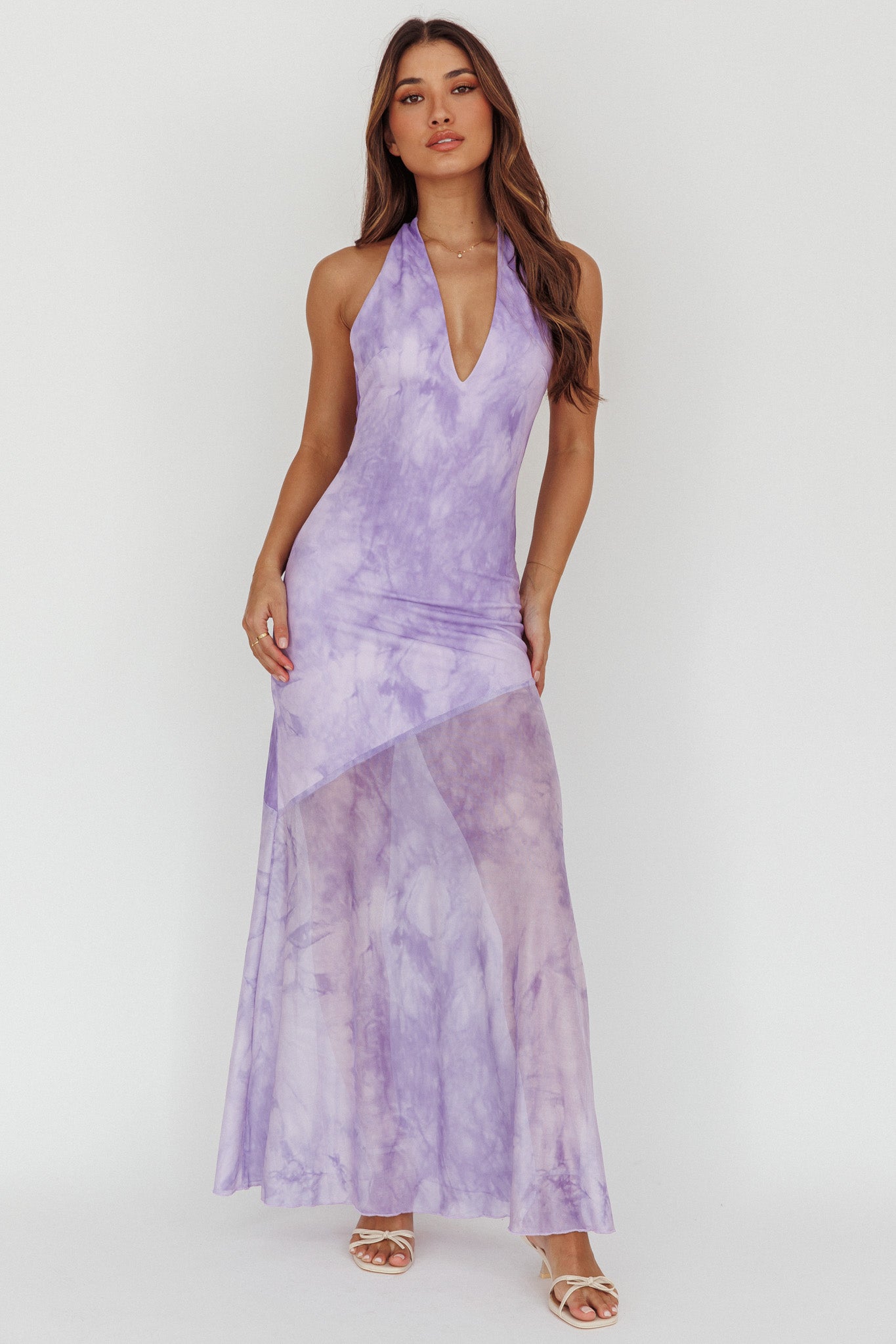 Locket Halterneck Maxi Dress Marbled Lilac-Maymioy