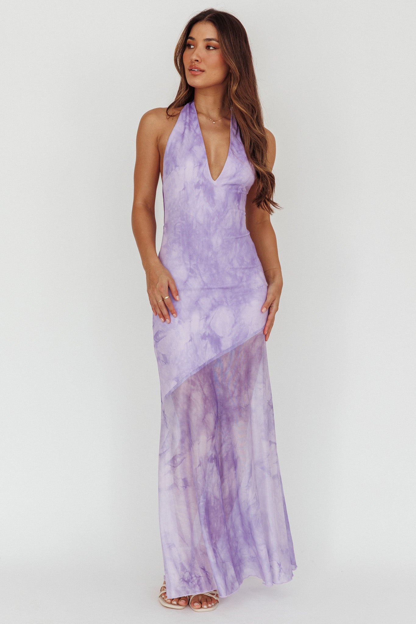 Locket Halterneck Maxi Dress Marbled Lilac-Maymioy