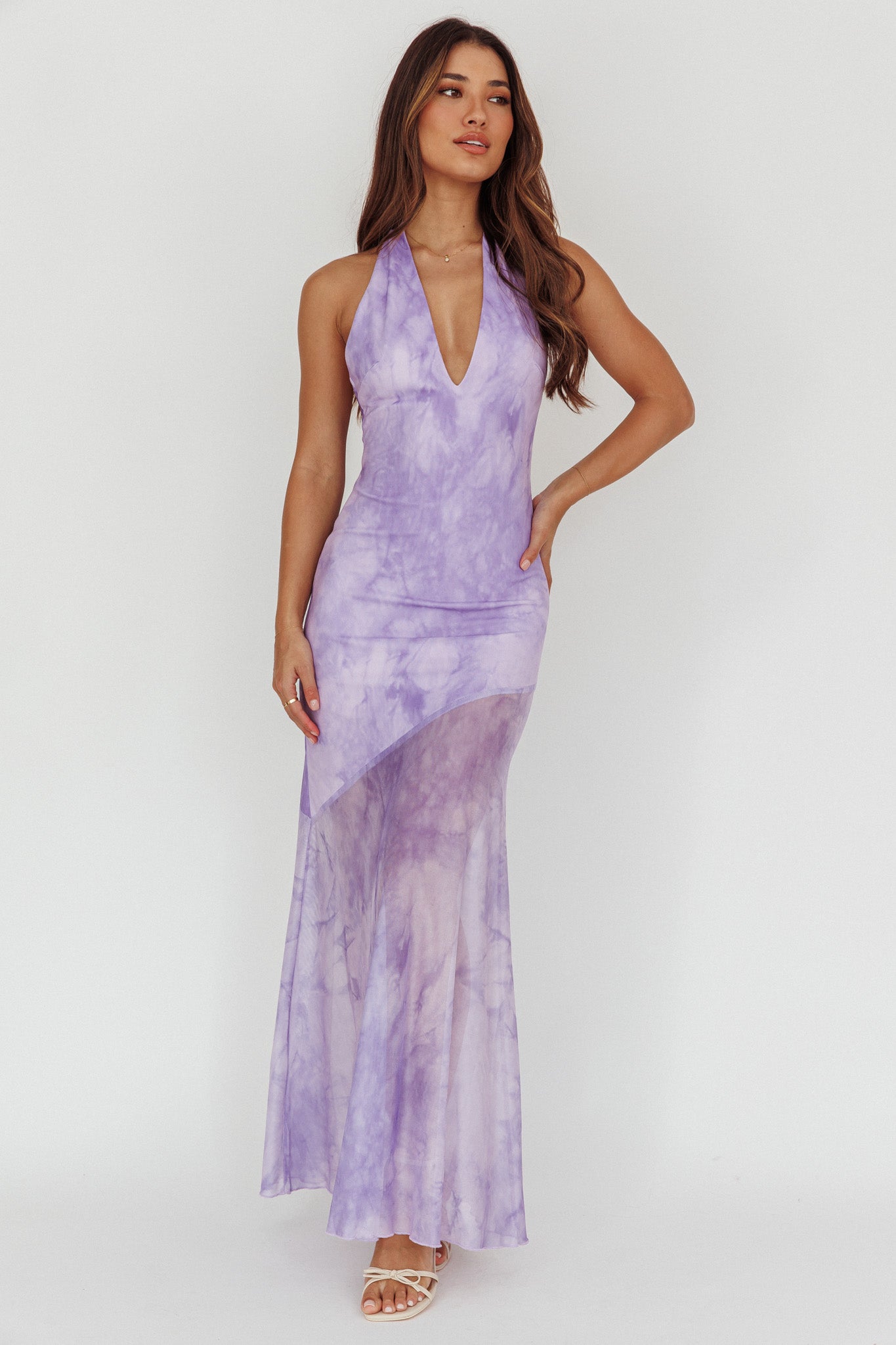 Locket Halterneck Maxi Dress Marbled Lilac-Maymioy
