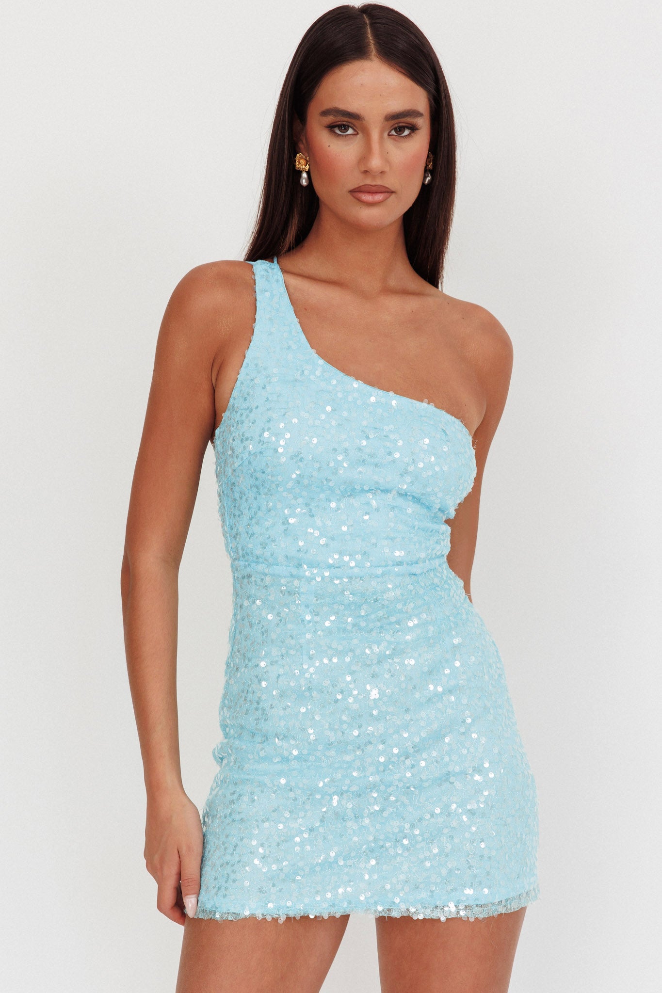 Disco Baby One-Shoulder Sequin Mini Dress Light Blue-Maymioy