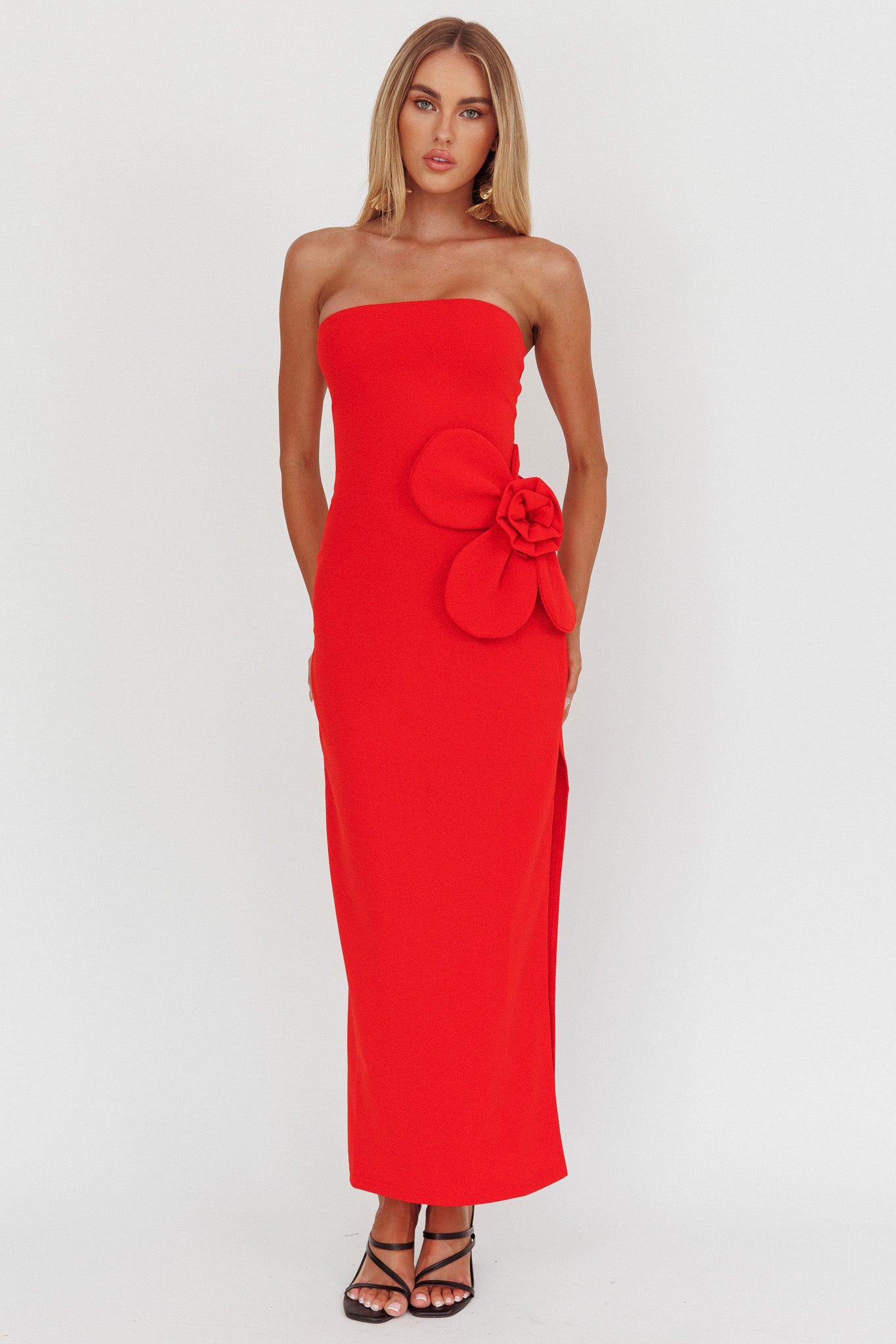 No Competition Oversized Flower Maxi Dress Red-Maymioy