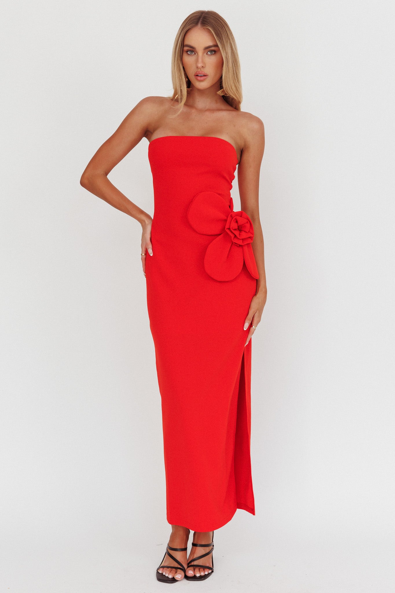 No Competition Oversized Flower Maxi Dress Red-Maymioy
