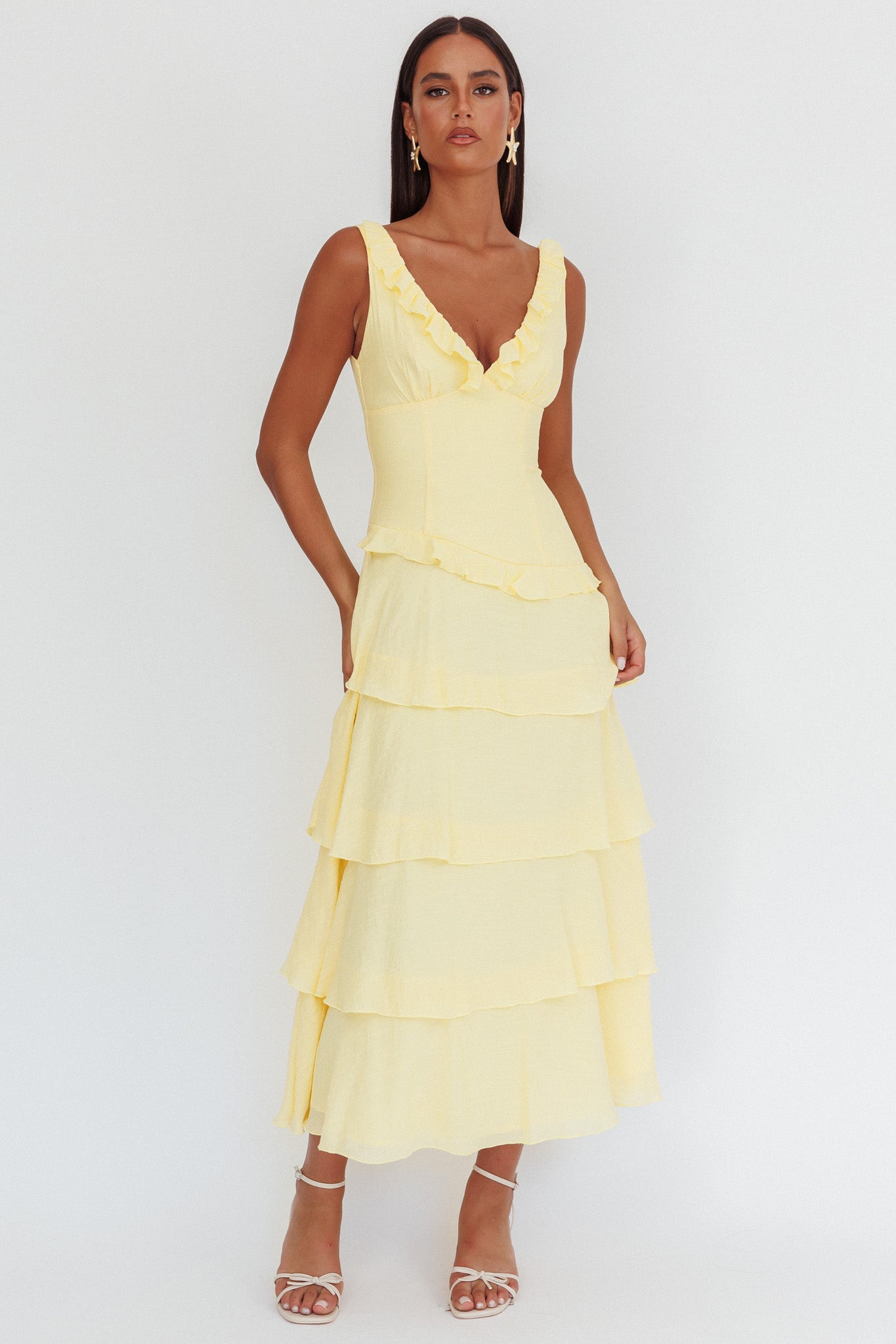 Khlara V-Neck Frill Trim Maxi Dress Butter-Maymioy