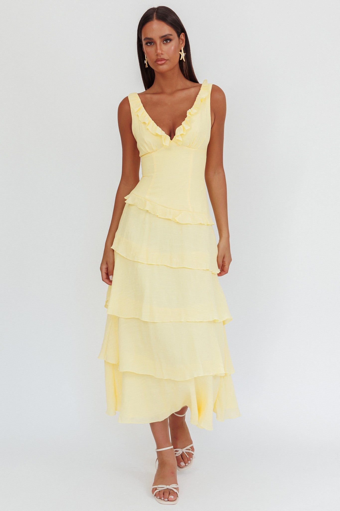 Khlara V-Neck Frill Trim Maxi Dress Butter-Maymioy