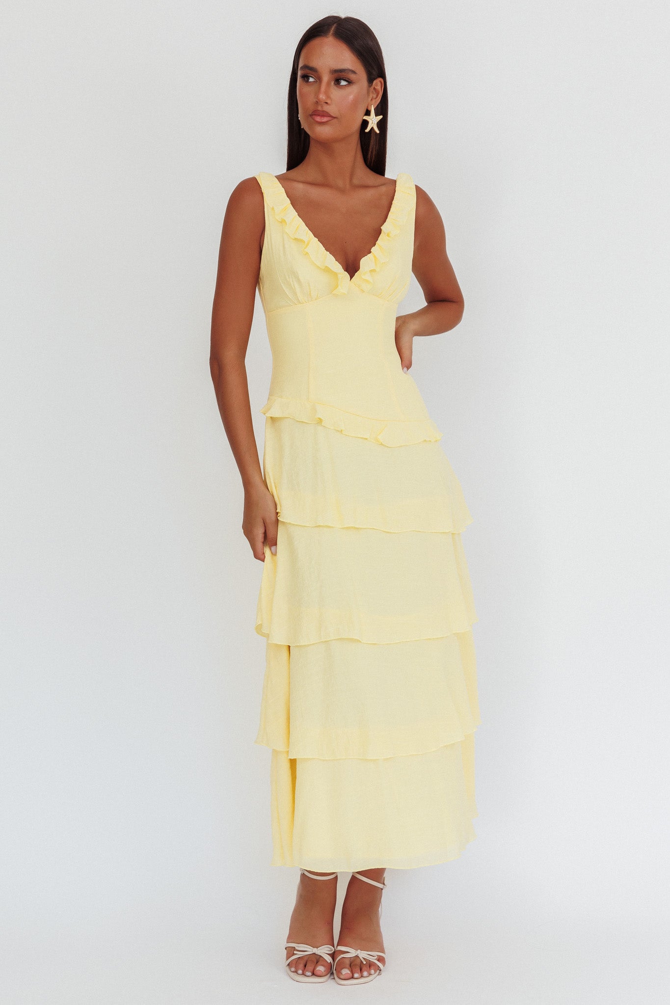 Khlara V-Neck Frill Trim Maxi Dress Butter-Maymioy