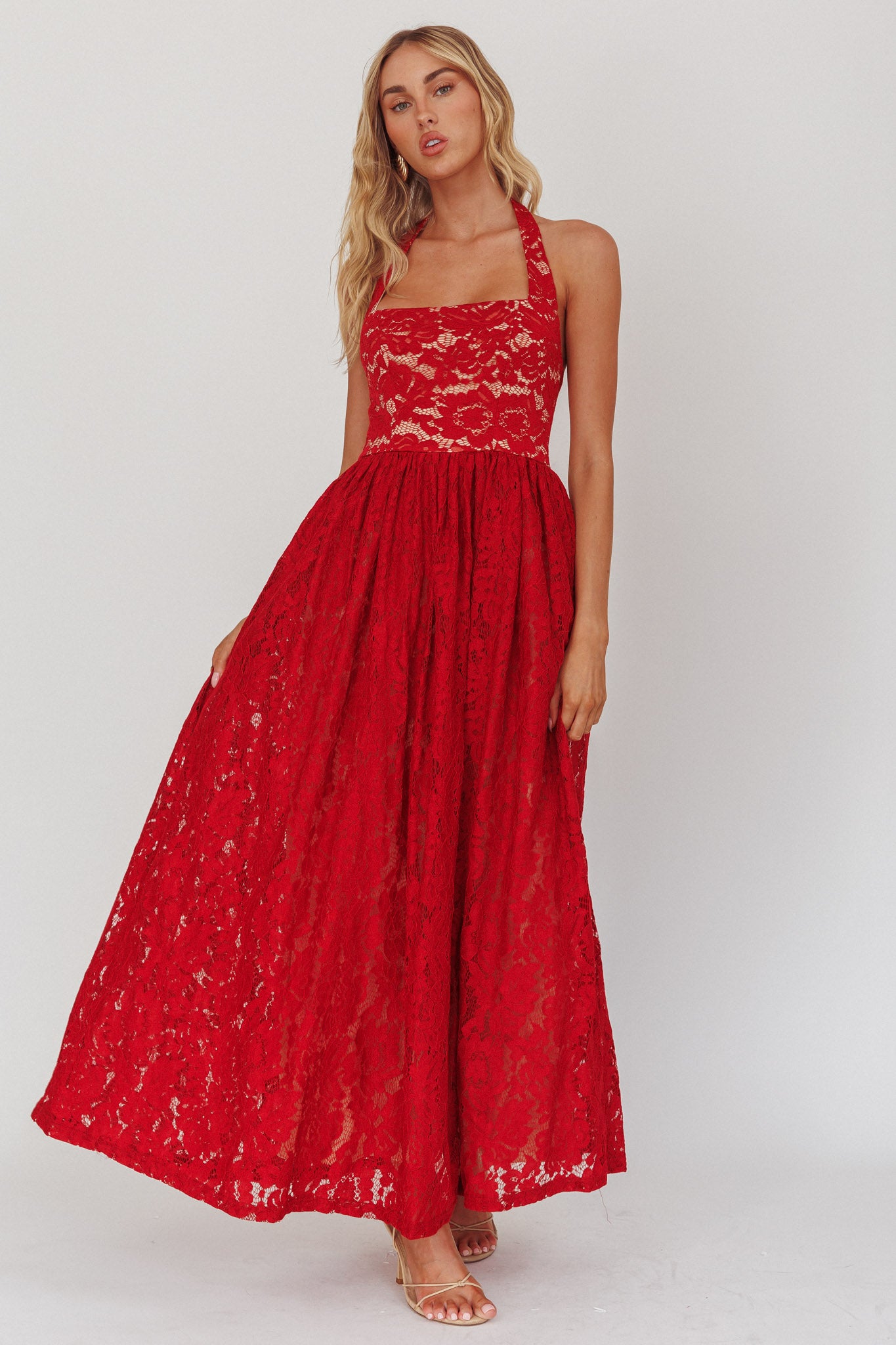 Hendrix Halterneck A-Line Lace Maxi Dress Cherry-Maymioy