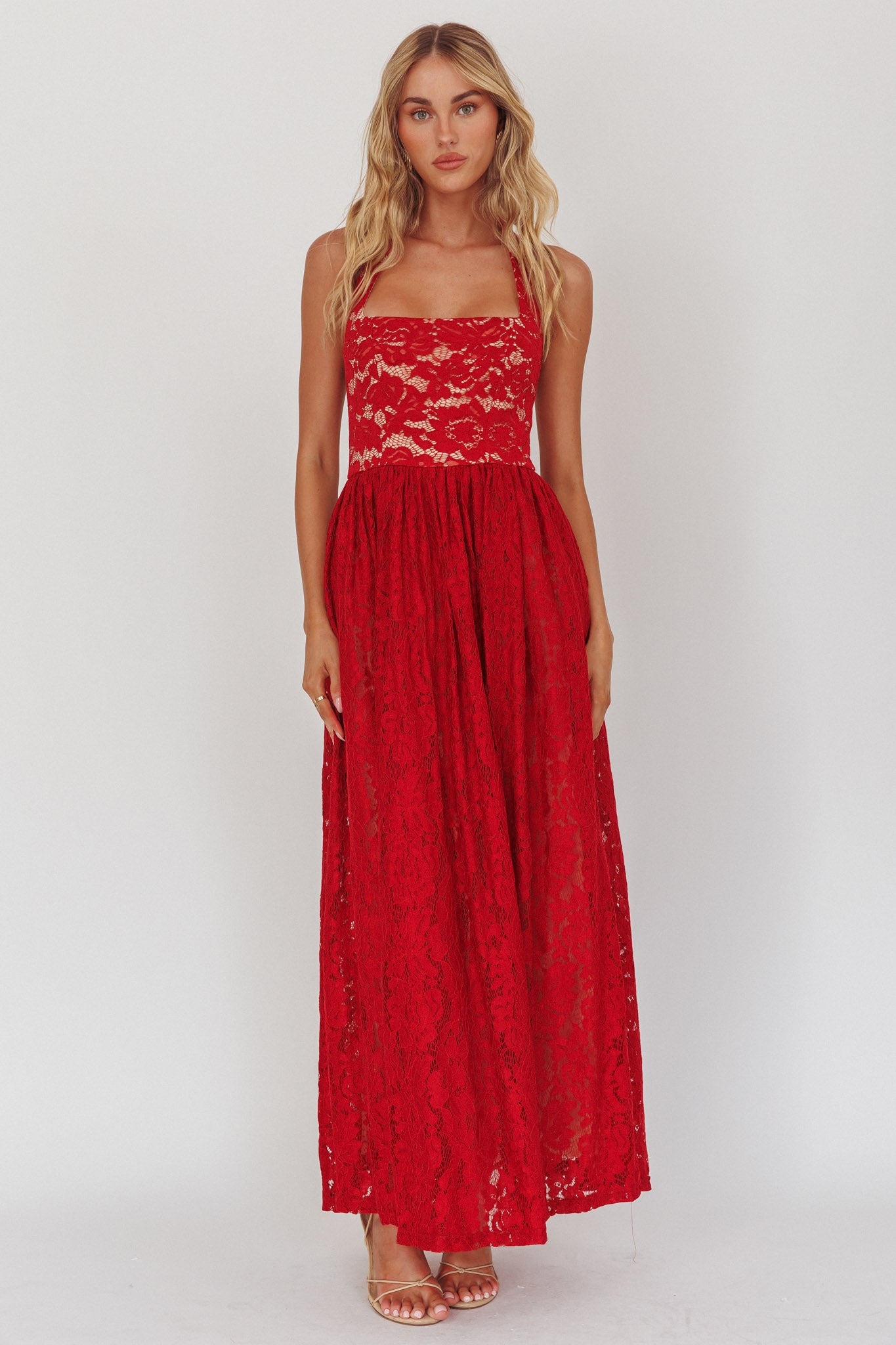 Hendrix Halterneck A-Line Lace Maxi Dress Cherry-Maymioy