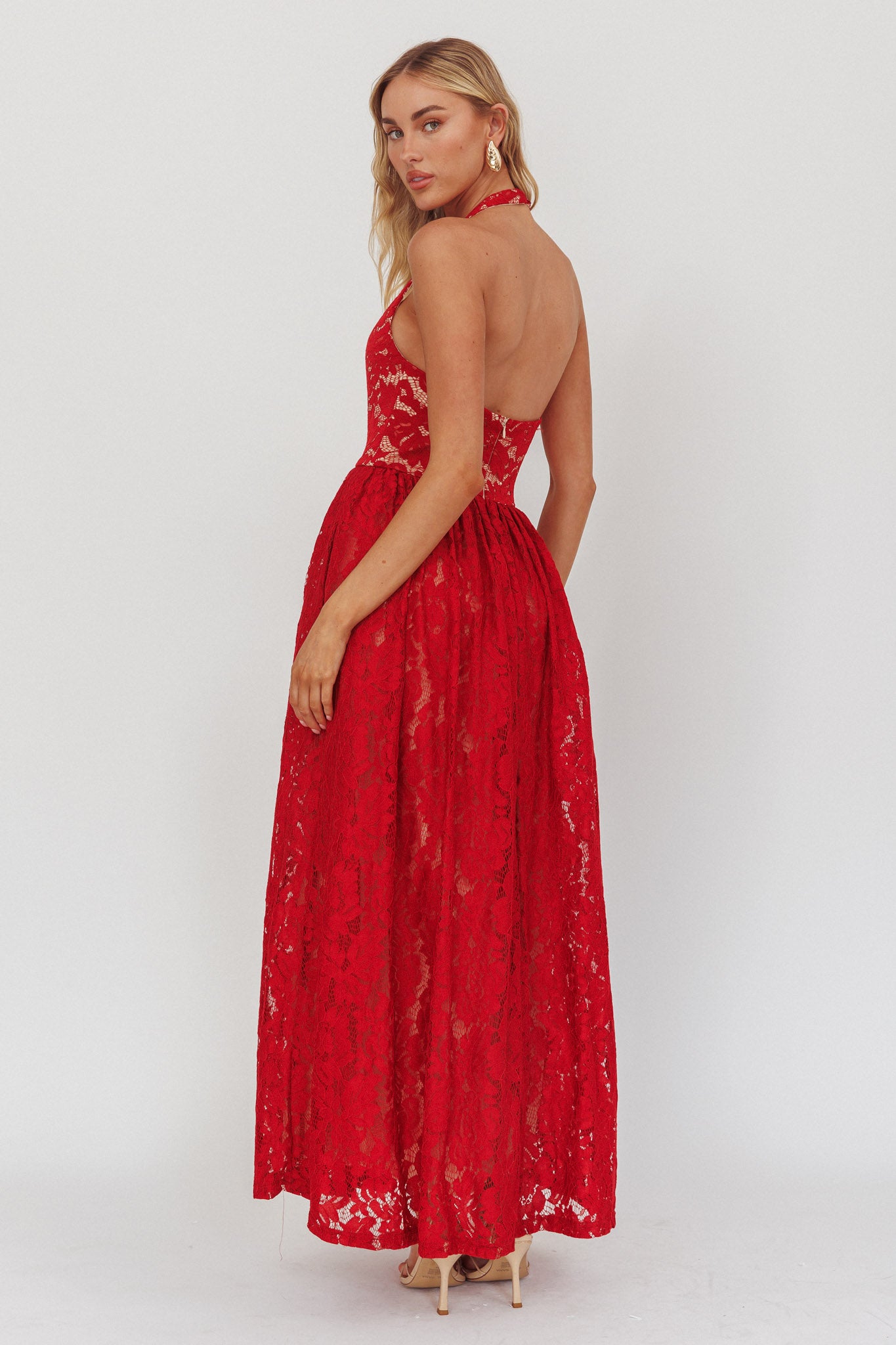 Hendrix Halterneck A-Line Lace Maxi Dress Cherry-Maymioy