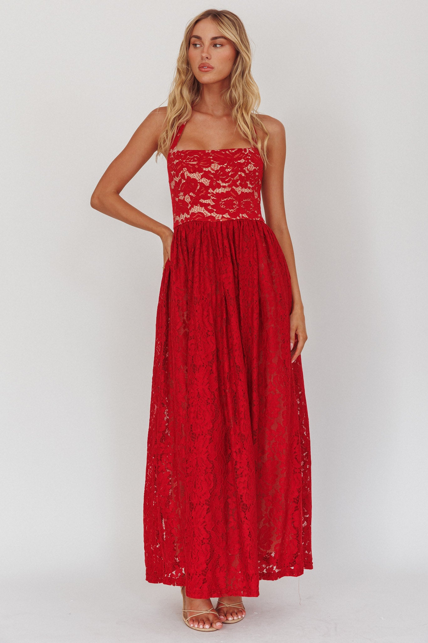 Hendrix Halterneck A-Line Lace Maxi Dress Cherry-Maymioy