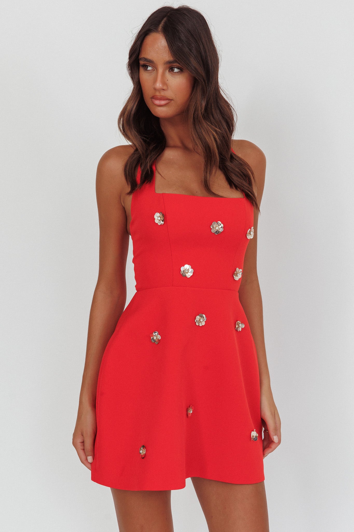 Hendrix Halterneck A-Line Mini Dress Sequin Flower Red-Maymioy