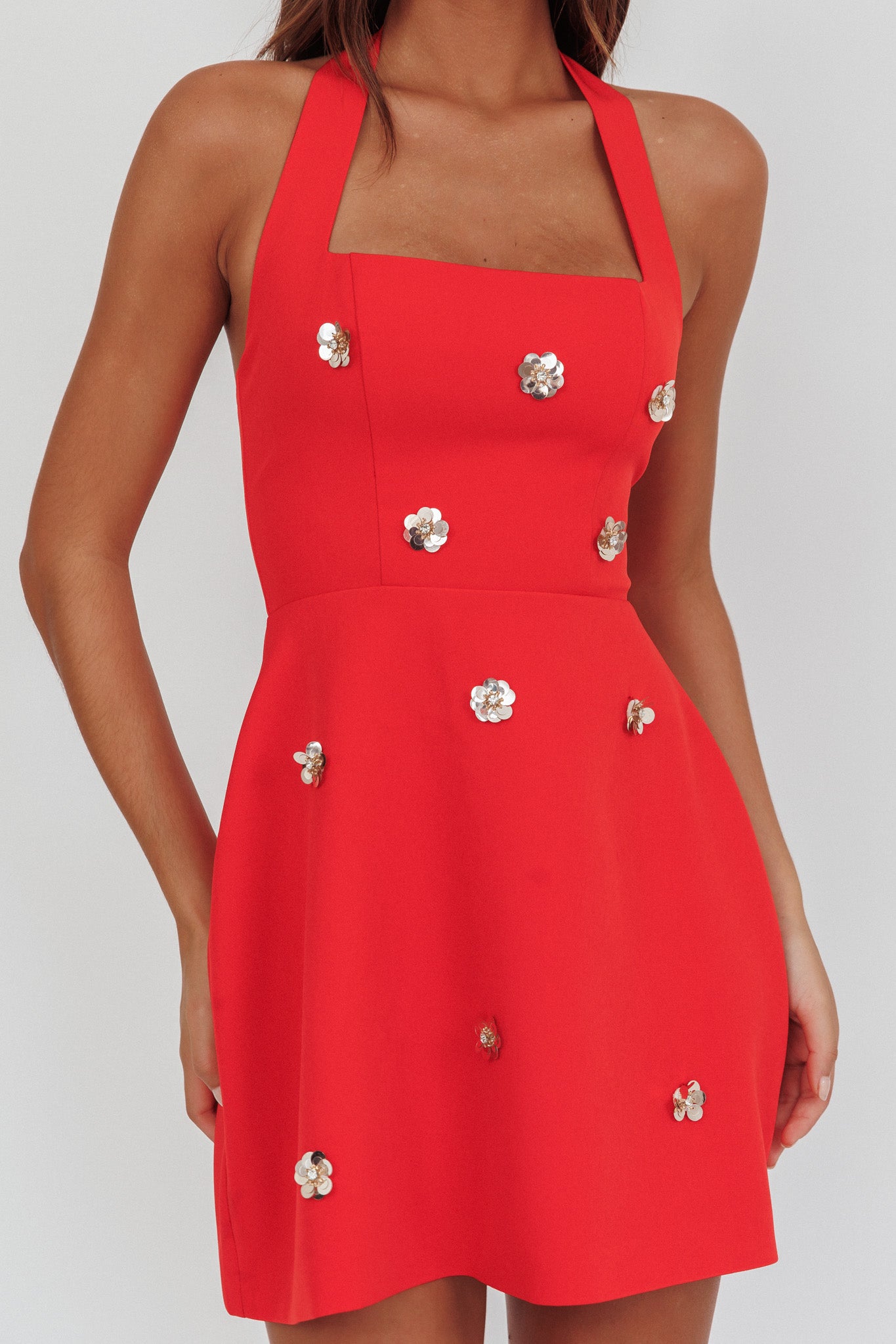Hendrix Halterneck A-Line Mini Dress Sequin Flower Red-Maymioy
