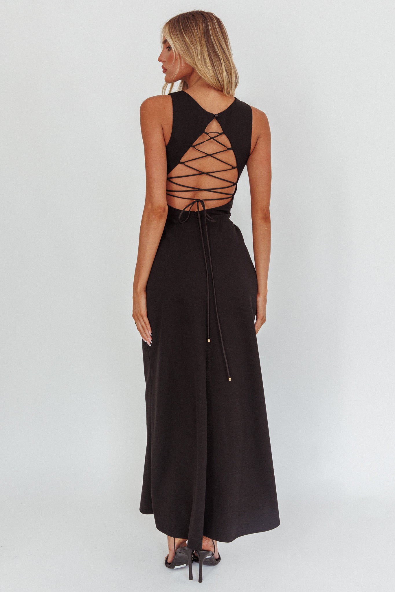 Firelights Lace-Up Back Maxi Dress Black-Maymioy