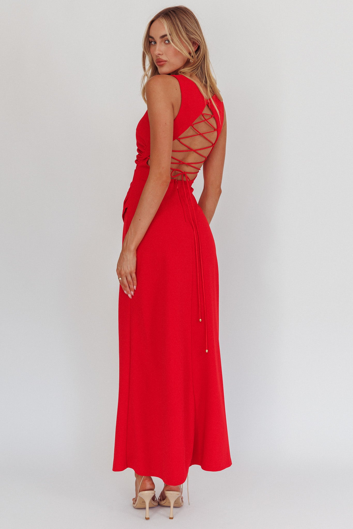 Firelights Lace-Up Back Maxi Dress Red-Maymioy