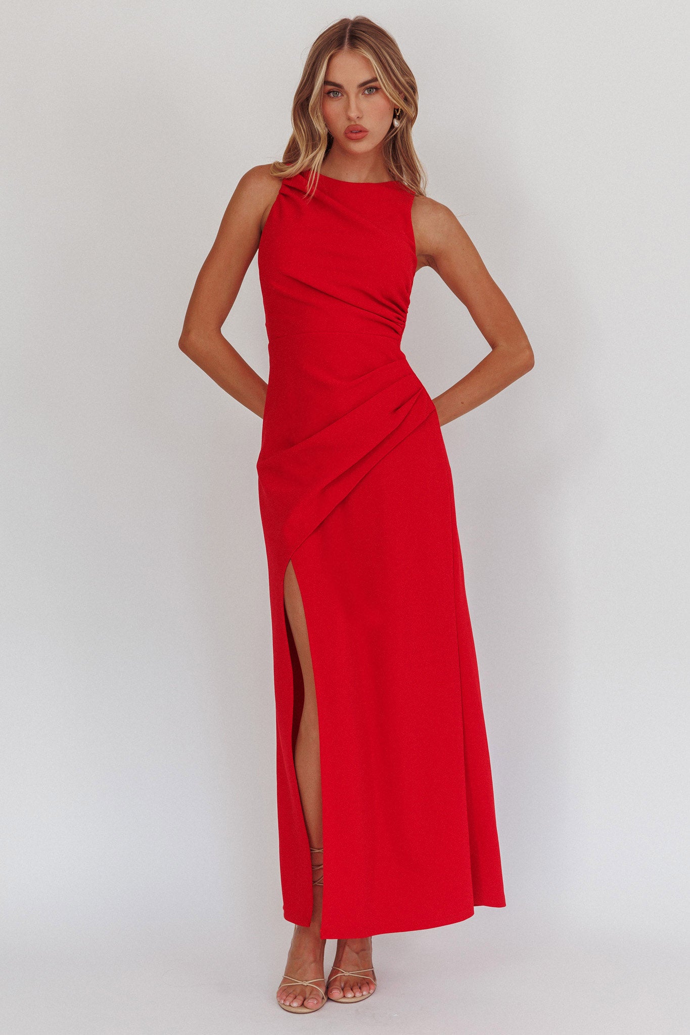 Firelights Lace-Up Back Maxi Dress Red-Maymioy
