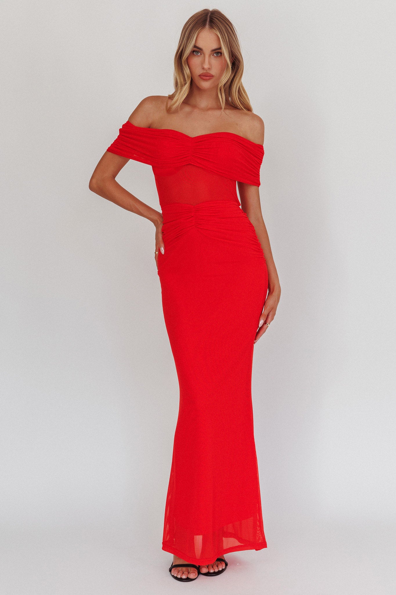 Silver Moon Off-Shoulder Maxi Dress Blood Orange-Maymioy