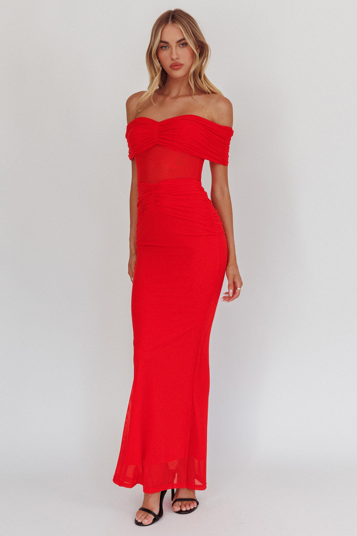 Silver Moon Off-Shoulder Maxi Dress Blood Orange-Maymioy