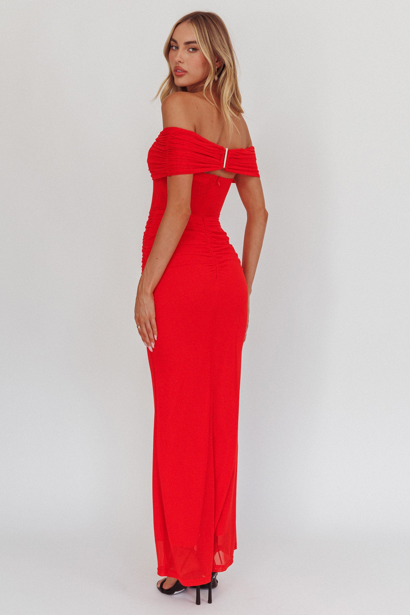 Silver Moon Off-Shoulder Maxi Dress Blood Orange-Maymioy