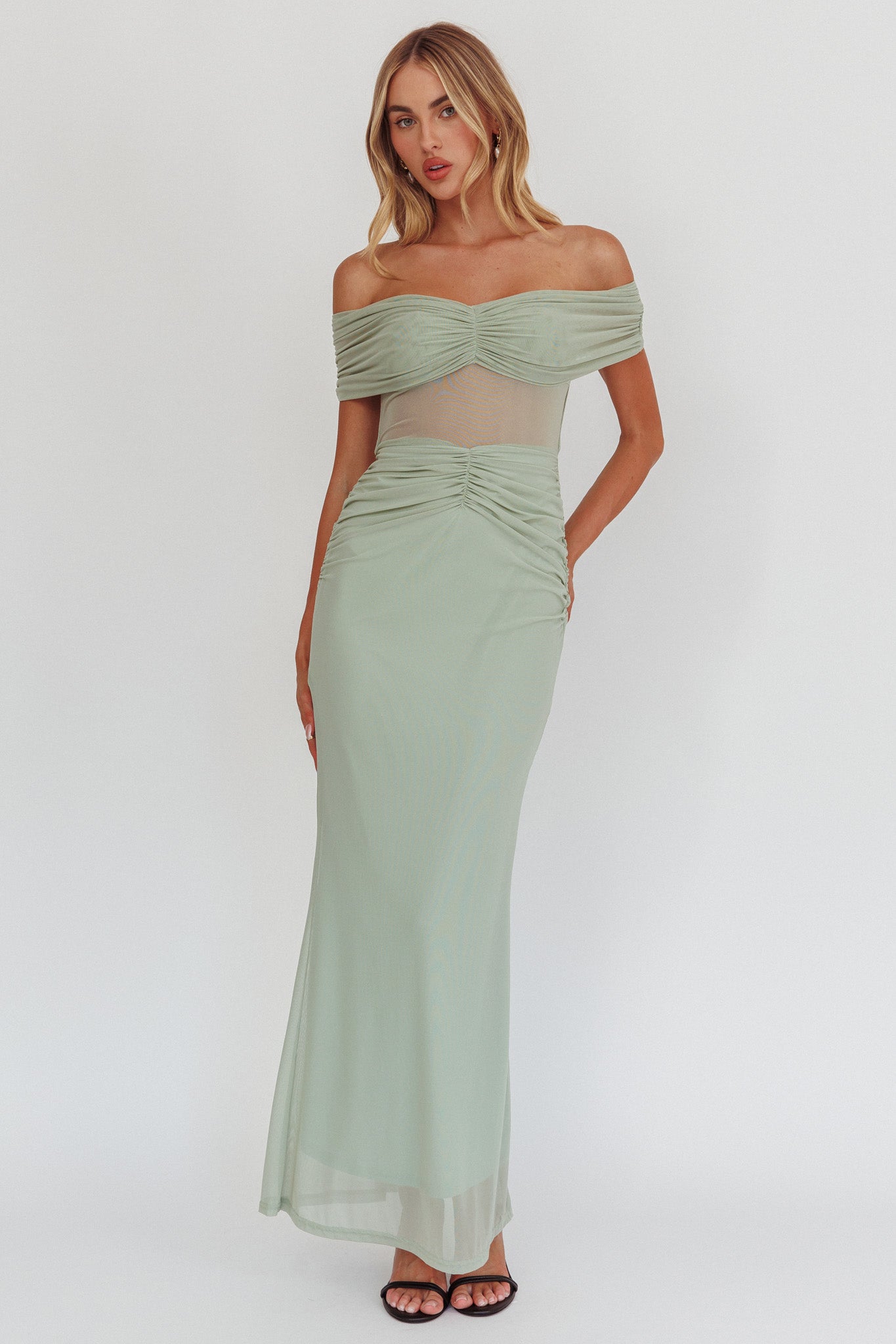 Silver Moon Off-Shoulder Maxi Dress Sage-Maymioy