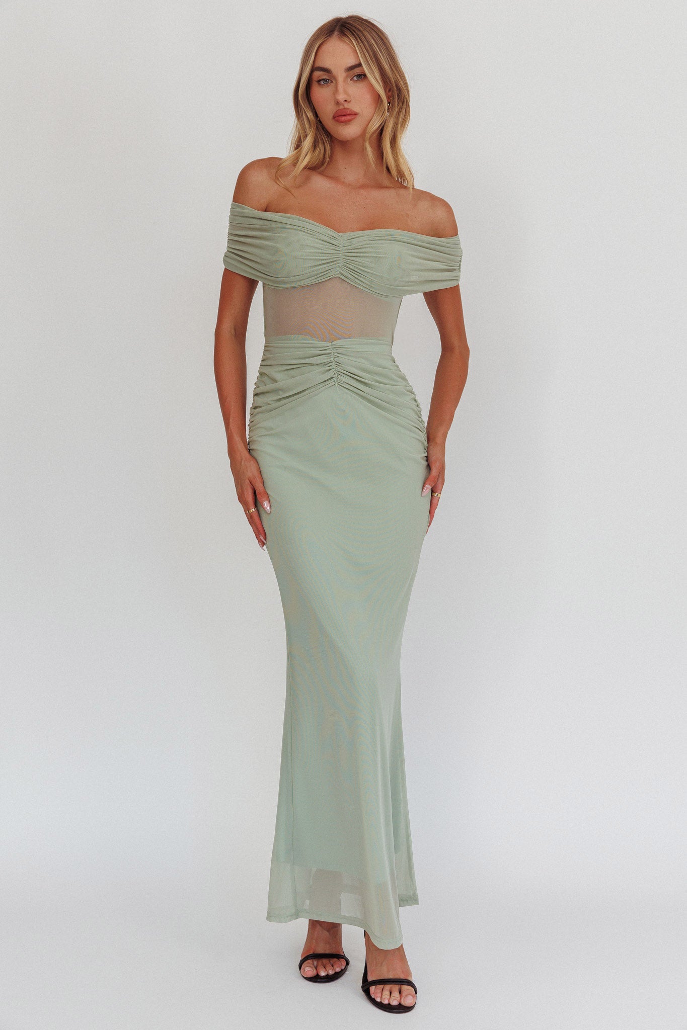Silver Moon Off-Shoulder Maxi Dress Sage-Maymioy