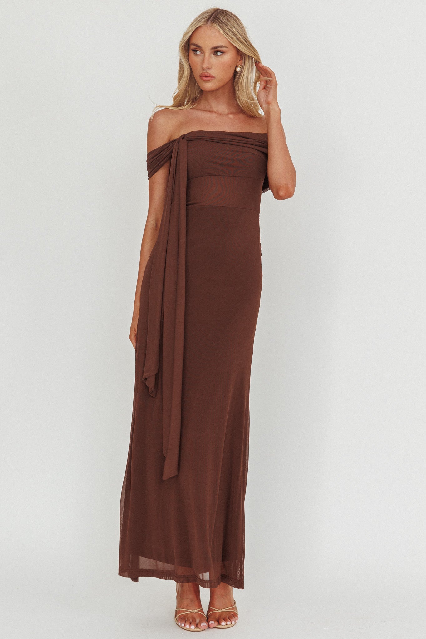 Silver Moon Tied Off-Shoulder Maxi Dress Chocolate-Maymioy
