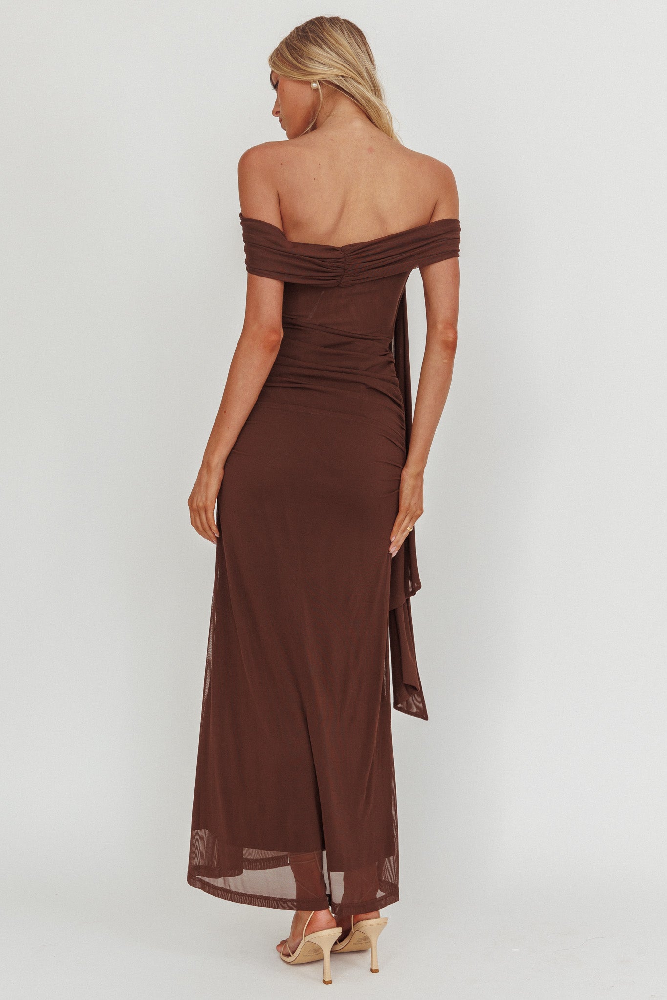 Silver Moon Tied Off-Shoulder Maxi Dress Chocolate-Maymioy