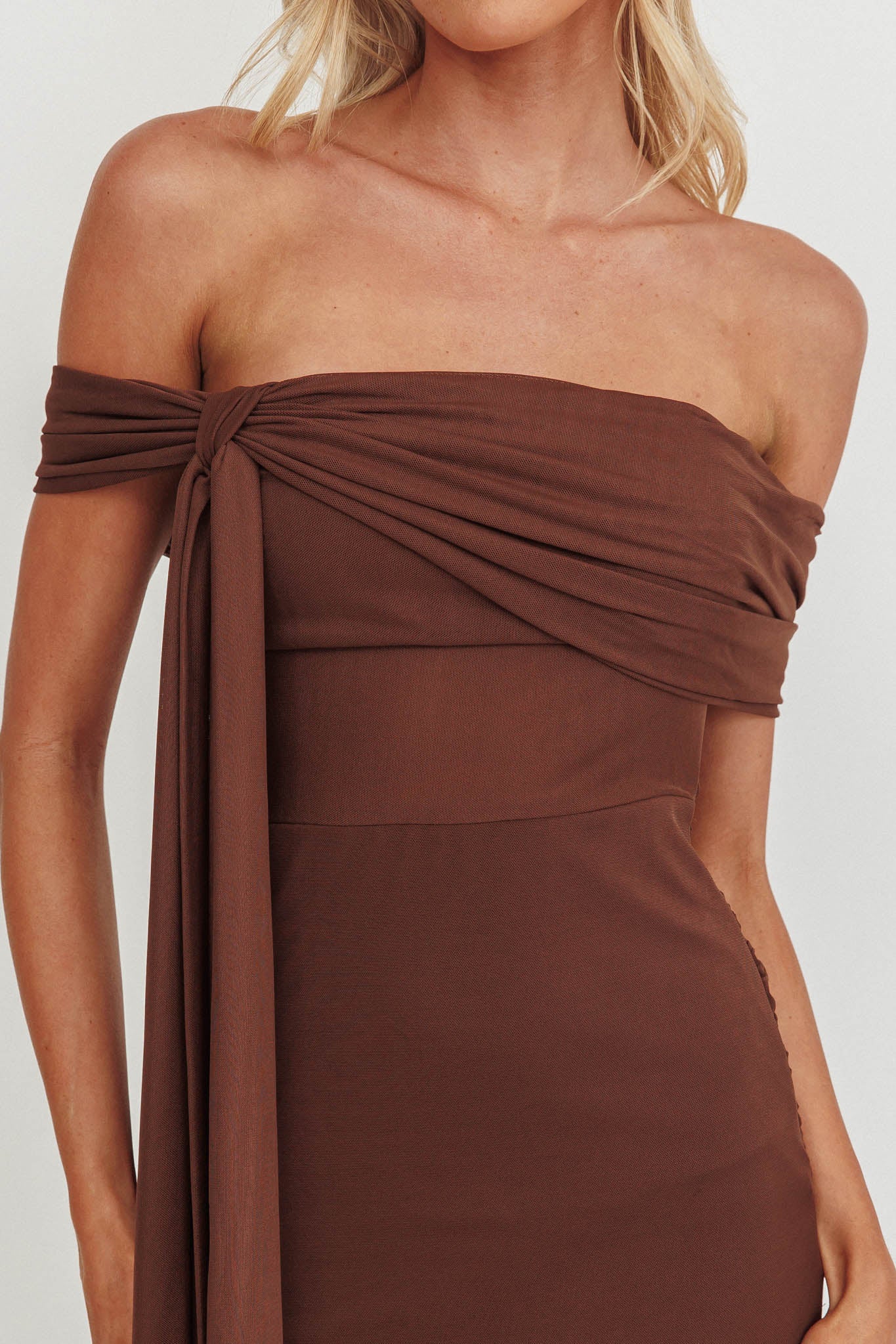 Silver Moon Tied Off-Shoulder Maxi Dress Chocolate-Maymioy
