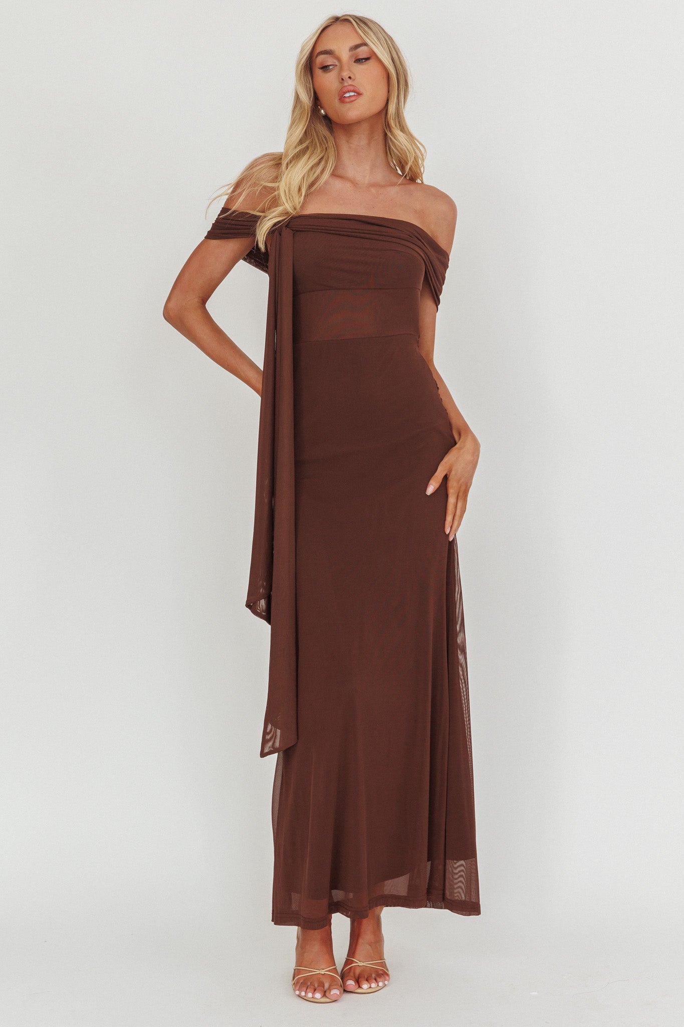 Silver Moon Tied Off-Shoulder Maxi Dress Chocolate-Maymioy