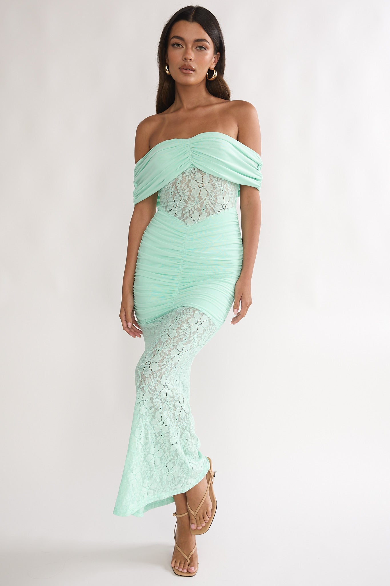 Silver Moon Off-Shoulder Maxi Dress Floral Mint-Maymioy