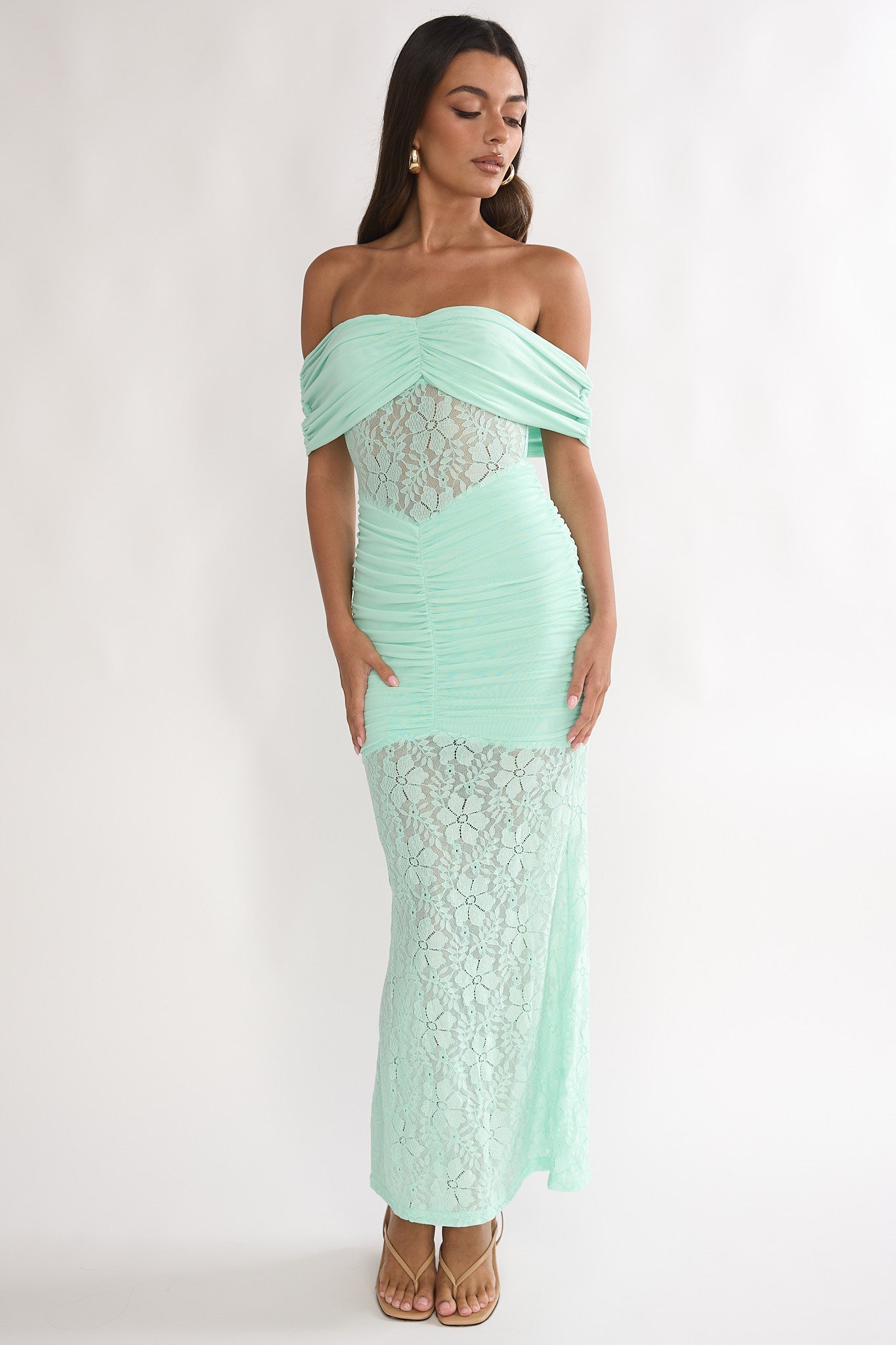 Silver Moon Off-Shoulder Maxi Dress Floral Mint-Maymioy