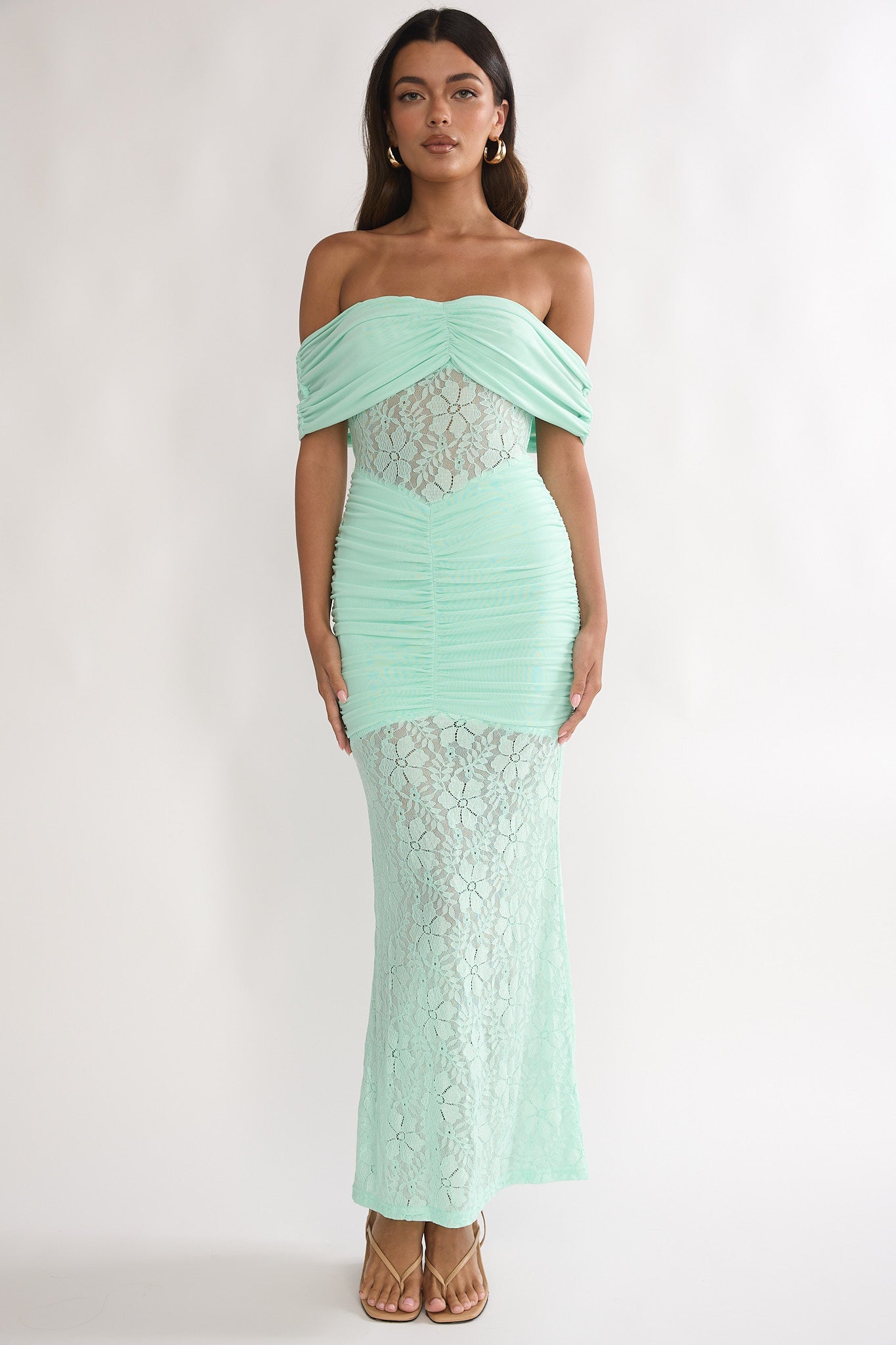 Silver Moon Off-Shoulder Maxi Dress Floral Mint-Maymioy