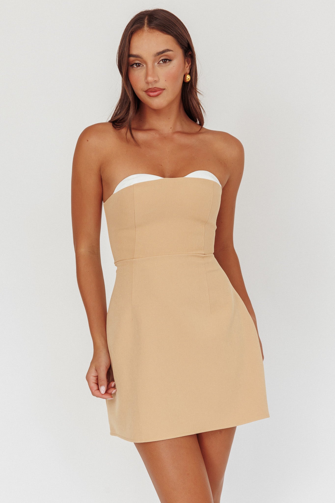 Hillara Strapless Mini Dress Tan-Maymioy