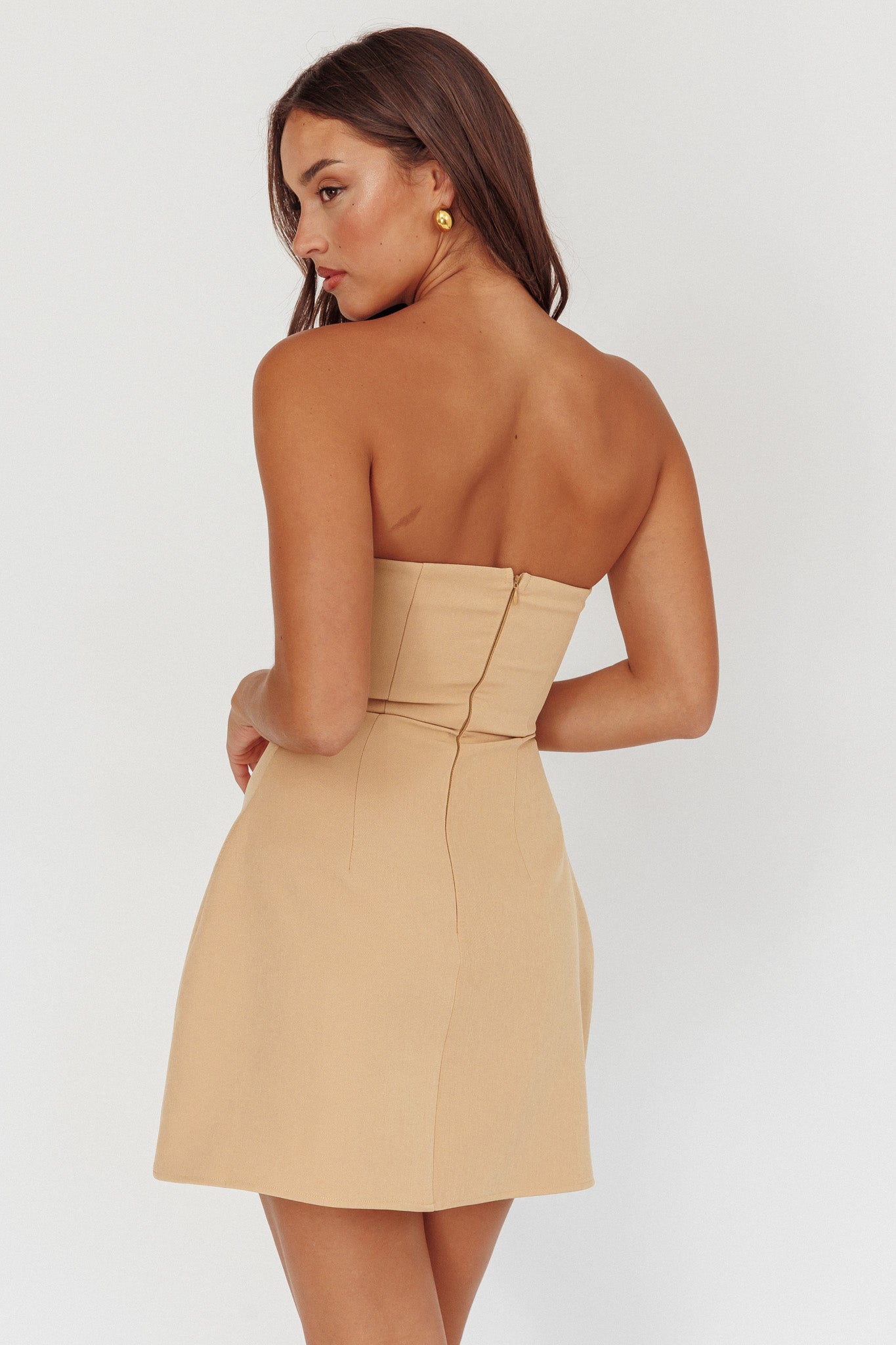 Hillara Strapless Mini Dress Tan-Maymioy