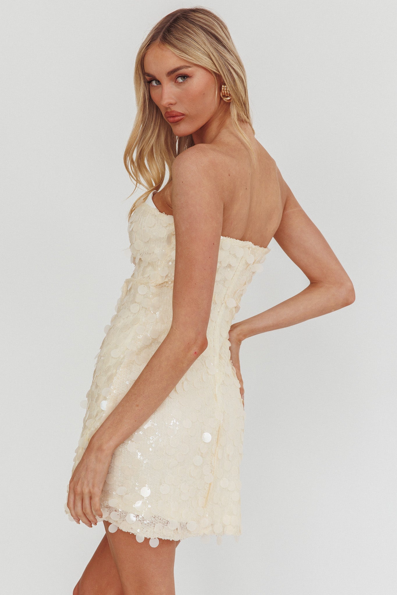 Hillara Strapless Mini Dress Sequin Cream-Maymioy