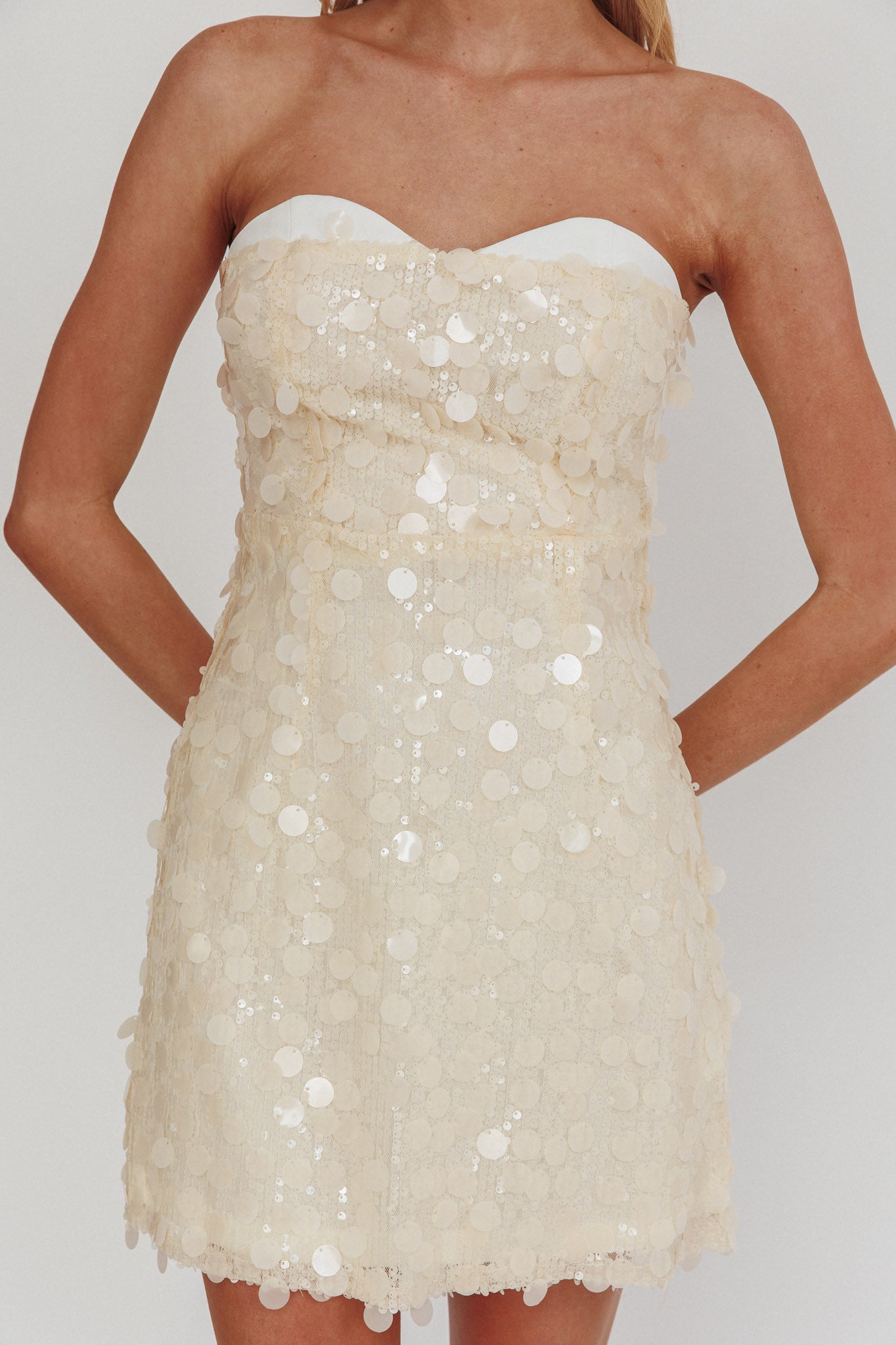 Hillara Strapless Mini Dress Sequin Cream-Maymioy