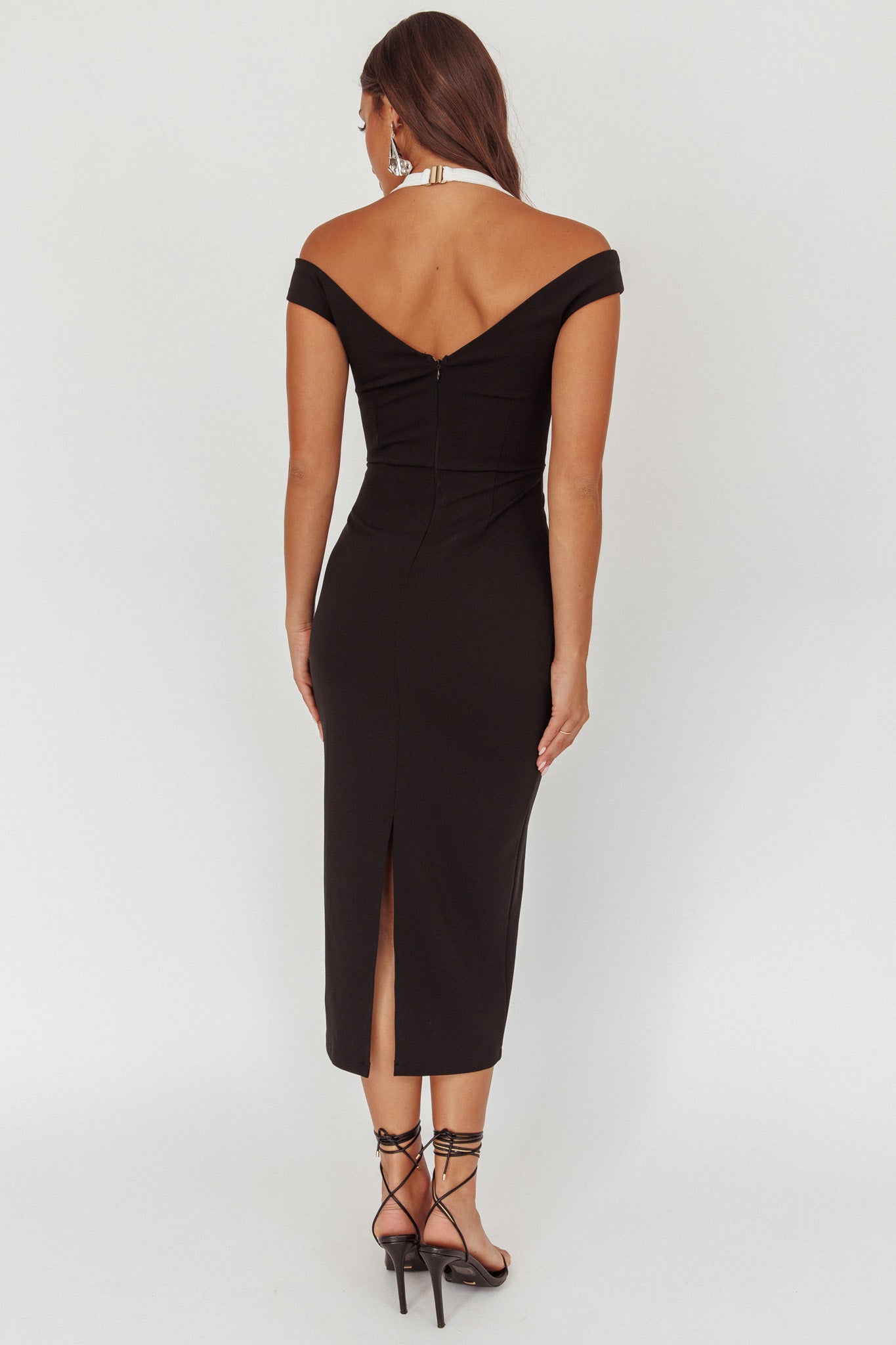 Tyla Contrast Mesh Halter Midi Dress Black-Maymioy