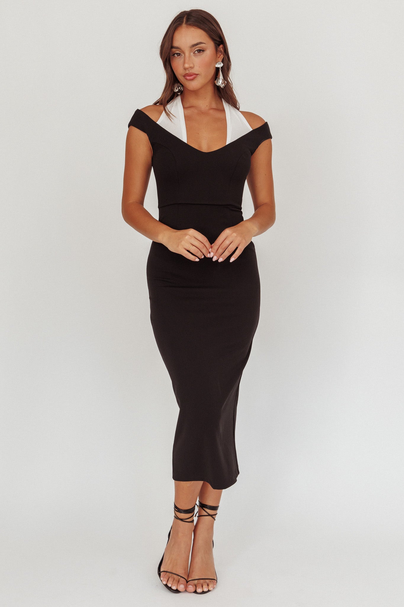Tyla Contrast Mesh Halter Midi Dress Black-Maymioy