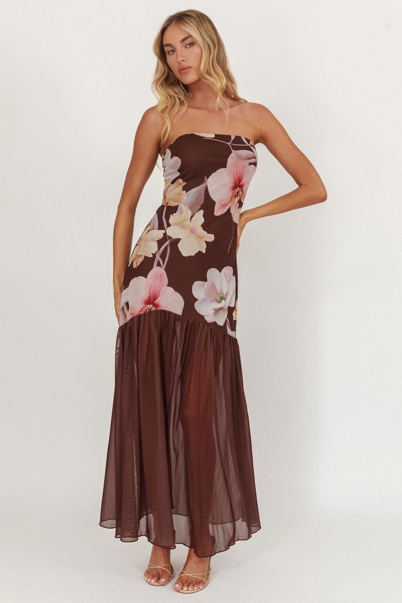 Wilma Sheer Hem Strapless Midi Dress Orchids Brown-Maymioy