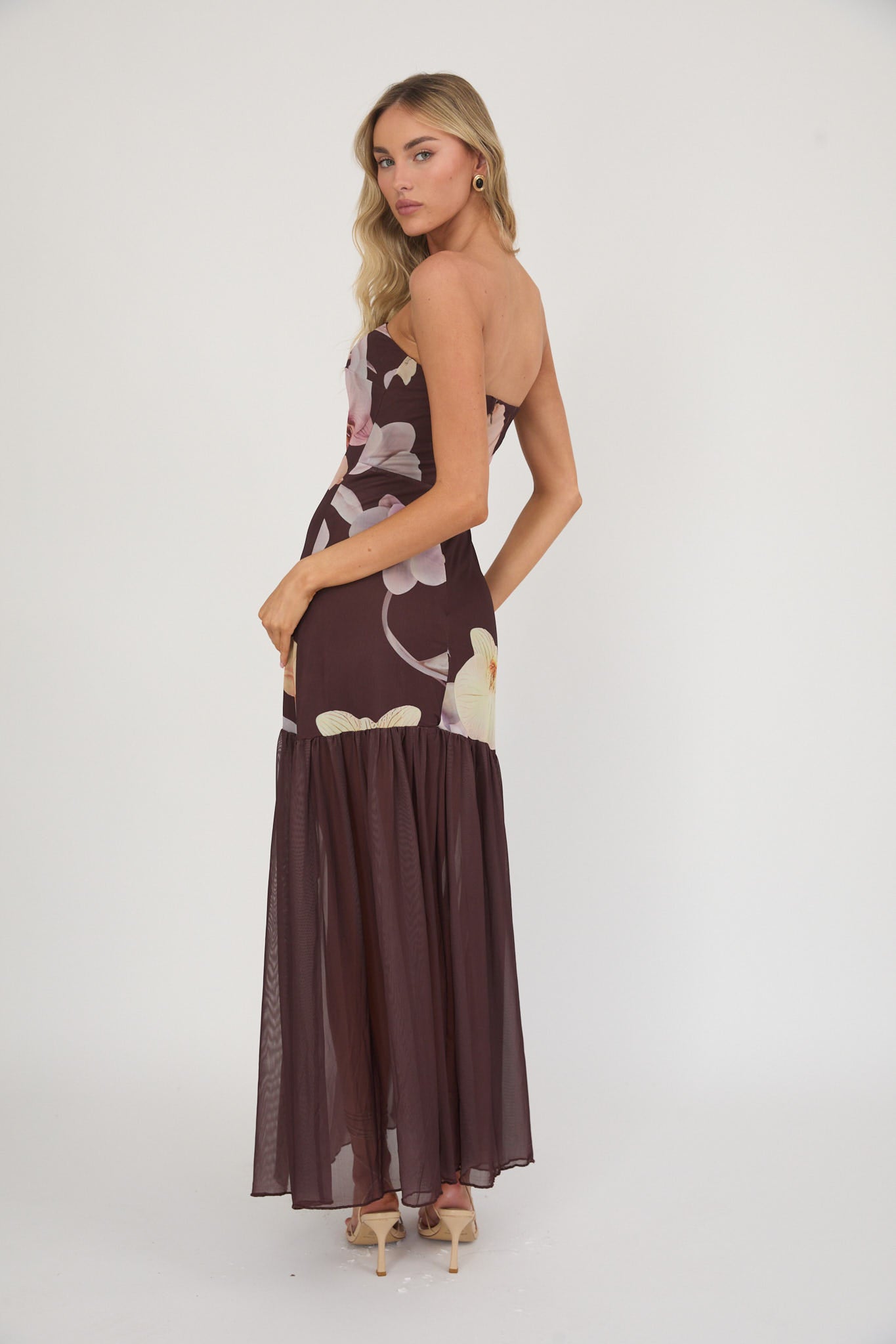 Wilma Sheer Hem Strapless Midi Dress Orchids Brown-Maymioy