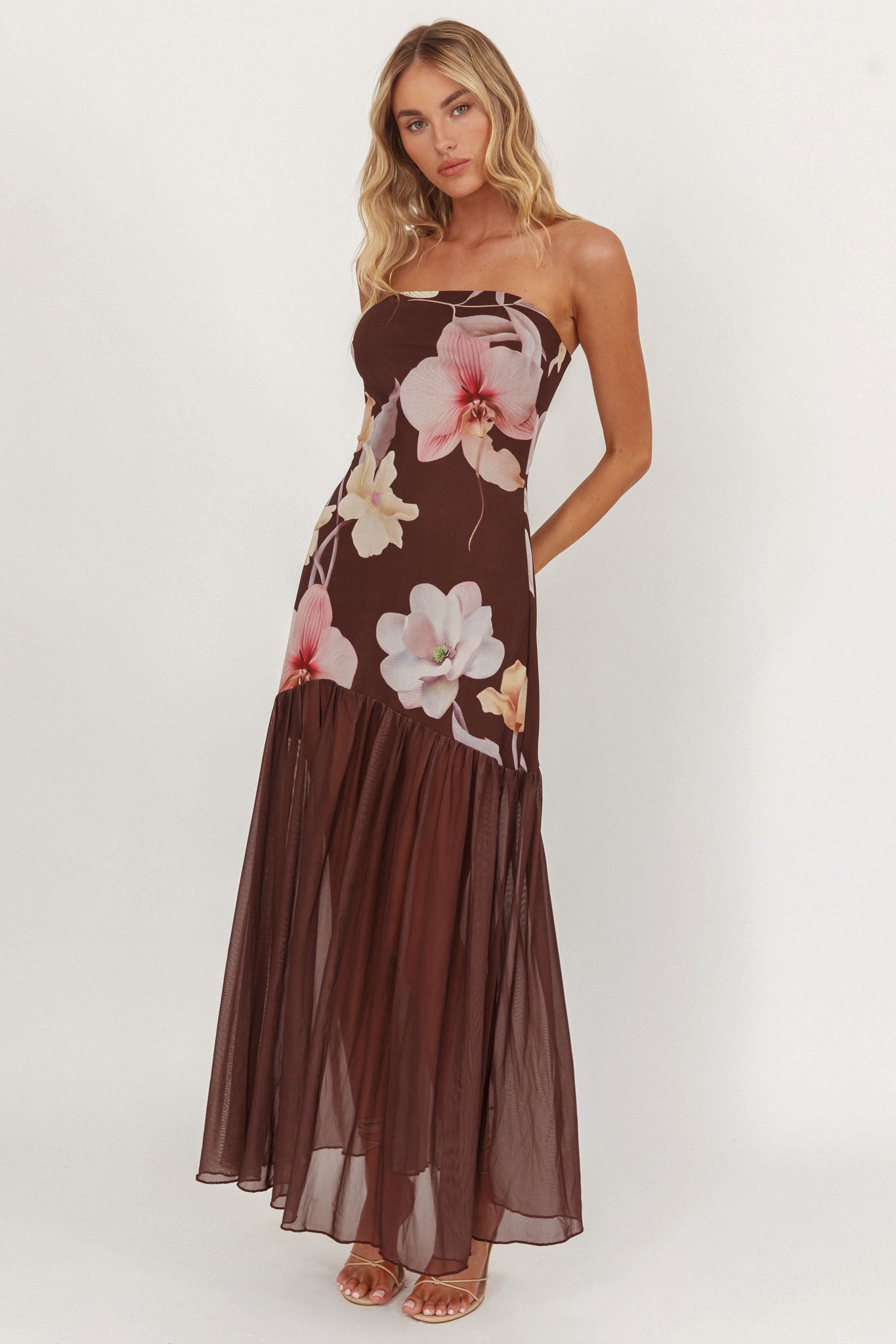 Wilma Sheer Hem Strapless Midi Dress Orchids Brown-Maymioy