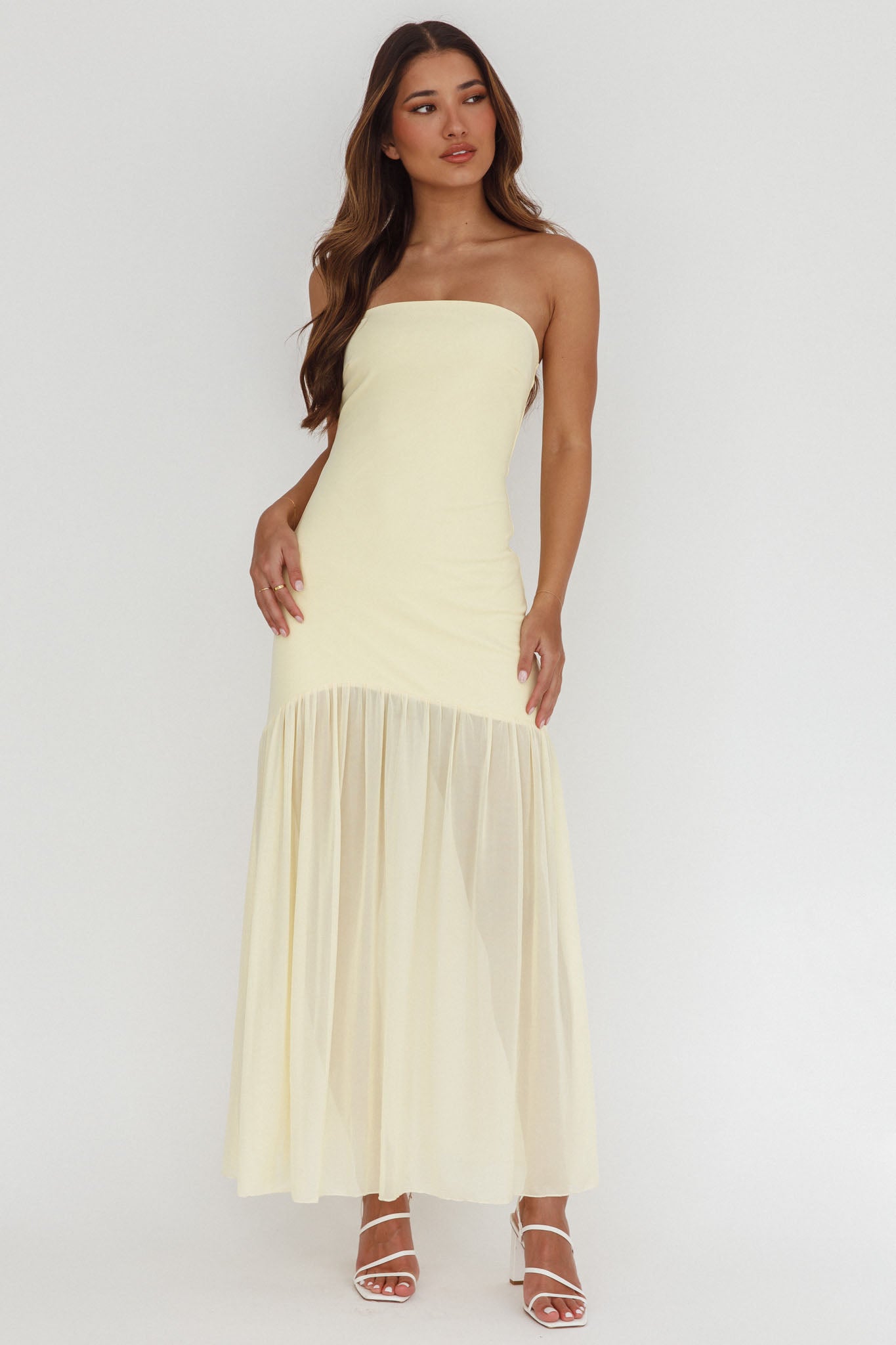 Wilma Sheer Hem Strapless Midi Dress Butter-Maymioy