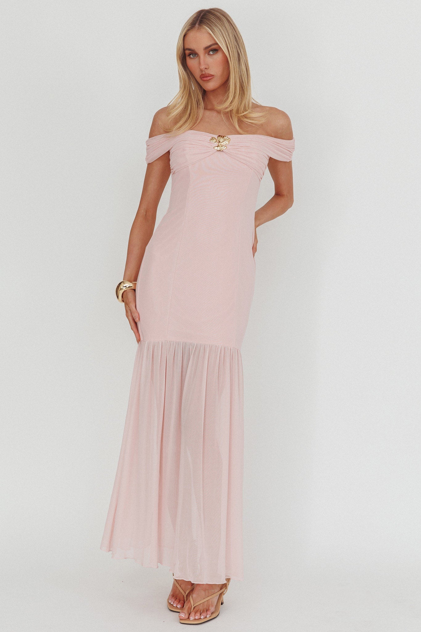 Wilma Off-Shoulder Sheer Hem Maxi Dress Pink-Maymioy