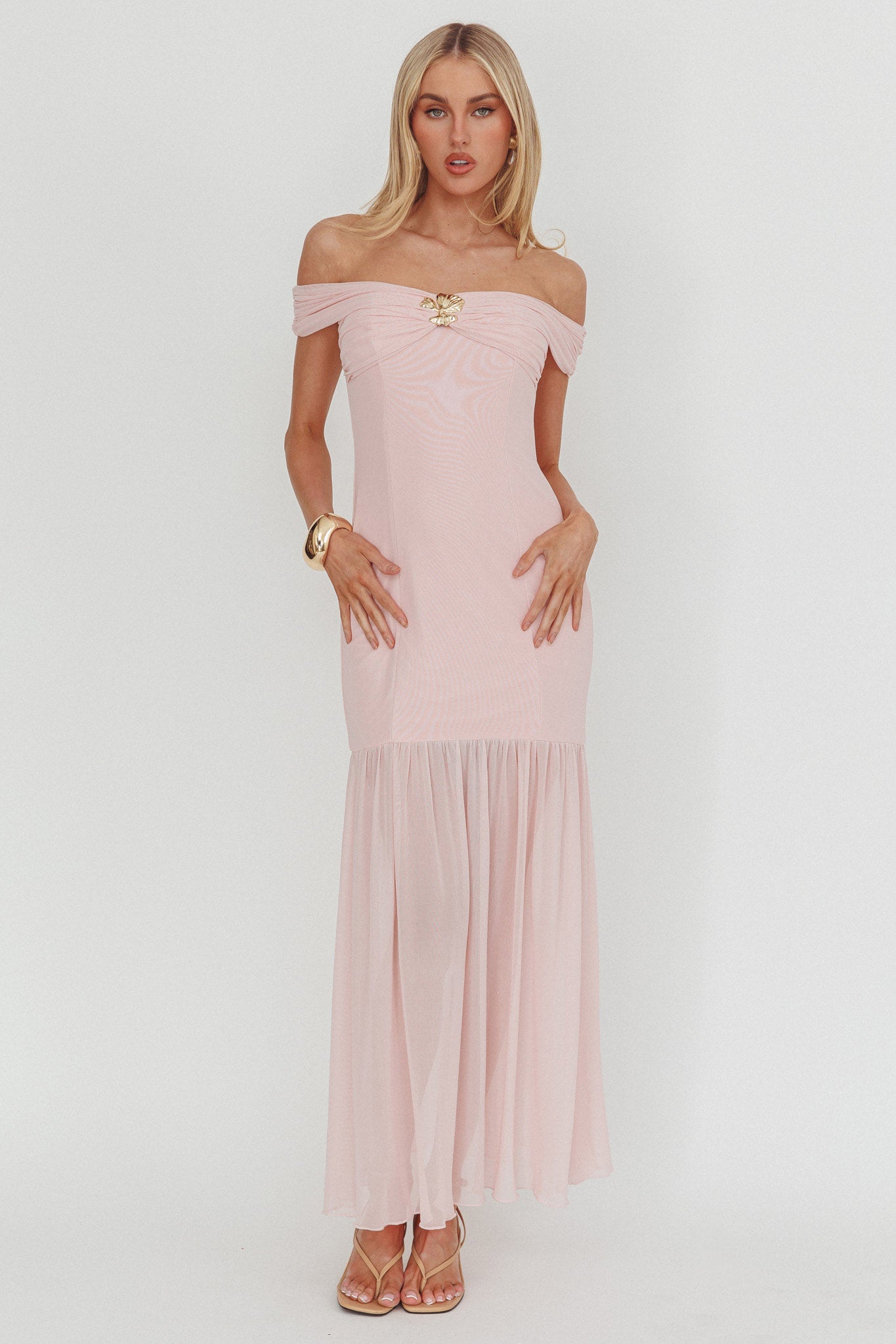 Wilma Off-Shoulder Sheer Hem Maxi Dress Pink-Maymioy