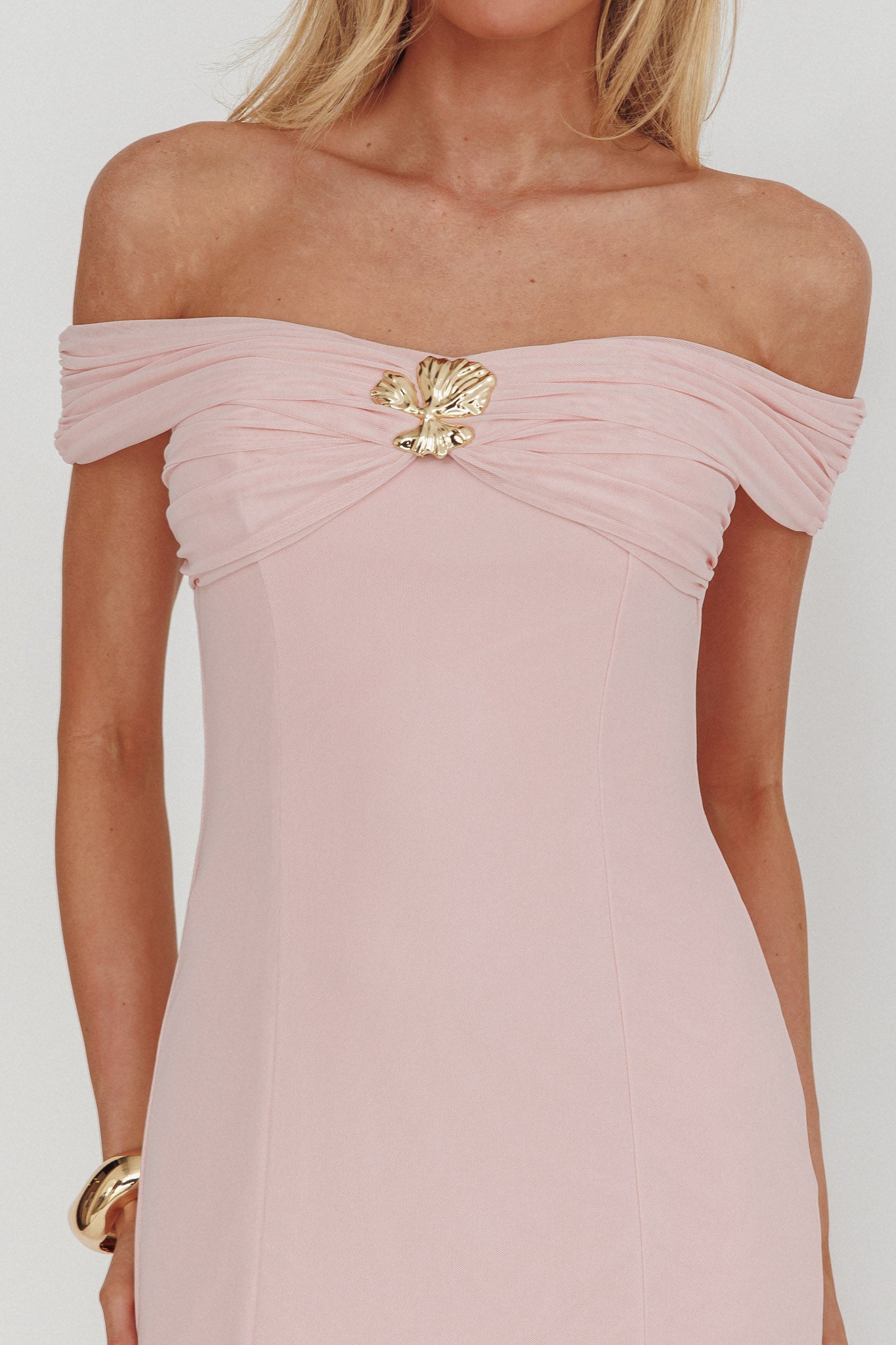 Wilma Off-Shoulder Sheer Hem Maxi Dress Pink-Maymioy