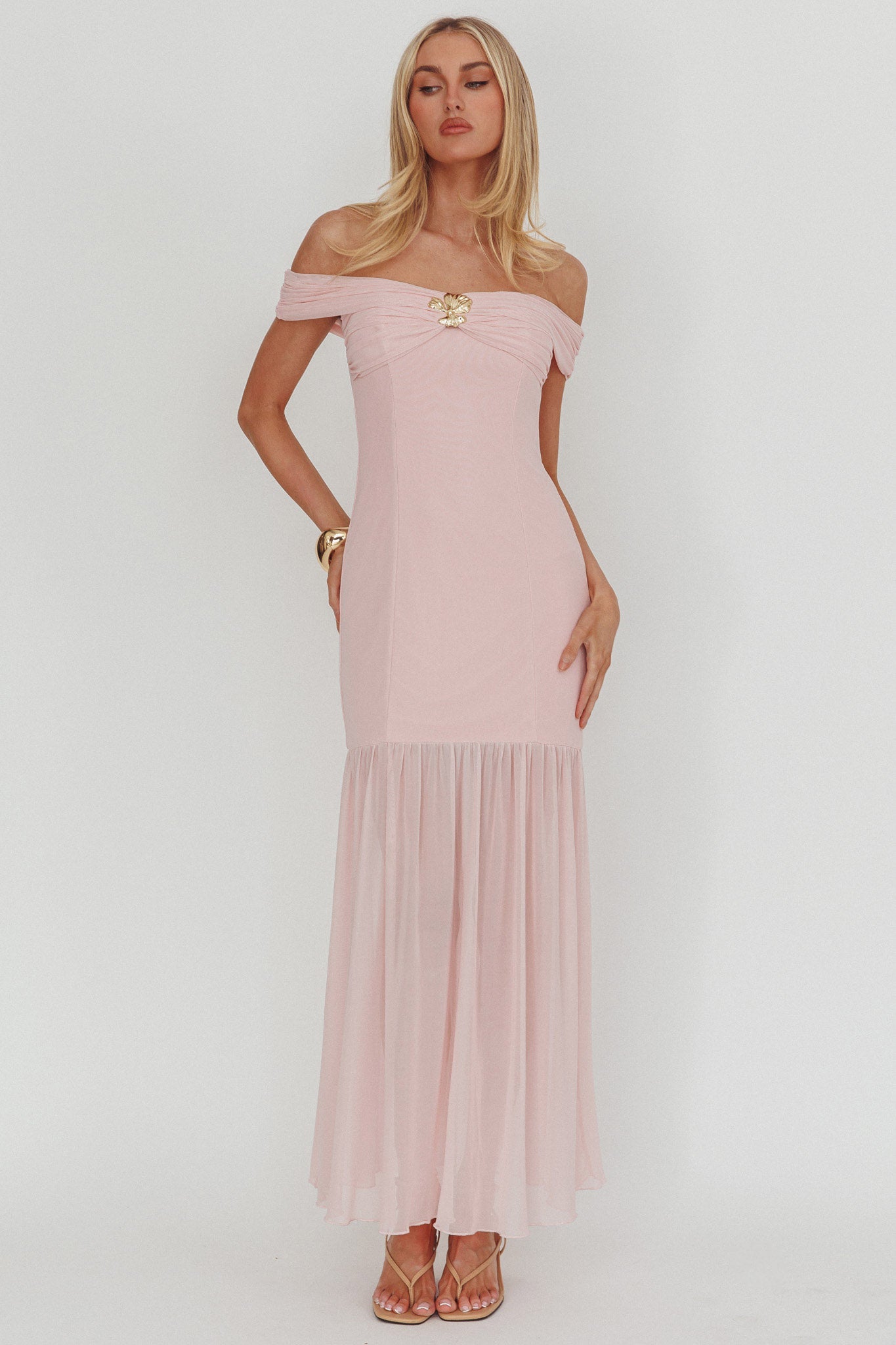 Wilma Off-Shoulder Sheer Hem Maxi Dress Pink-Maymioy